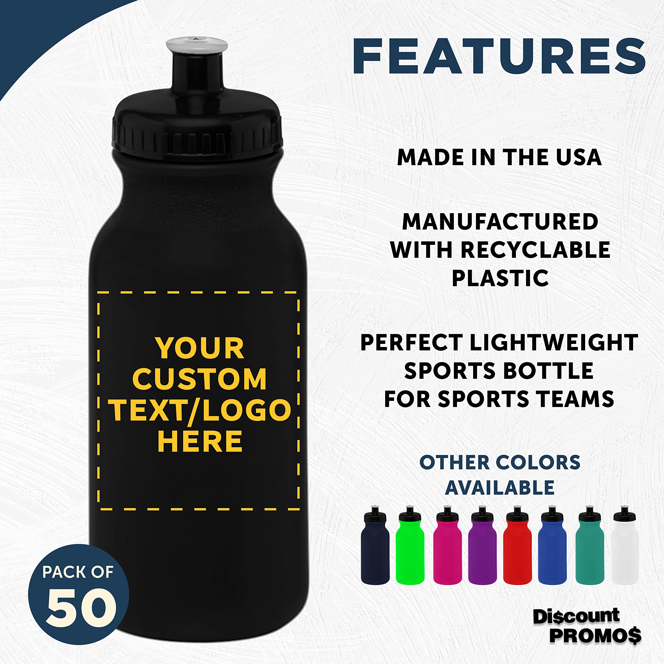 DISCOUNT PROMOS Custom 20 oz. Water Bottles with Push Cap Set of 50, Personalized Bulk Pack - Perfect for Gym, Hiking, Camping, Outdoor Sports - Black