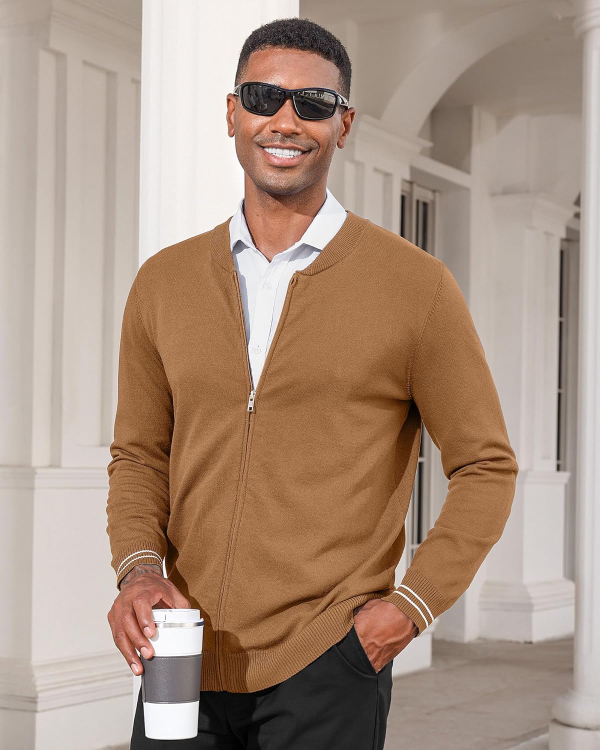 Lexiart Men's Casual Cardigan Sweaters Knitted Stand Collar Slim Fit Full-Zip Warm Jacket - Image 3