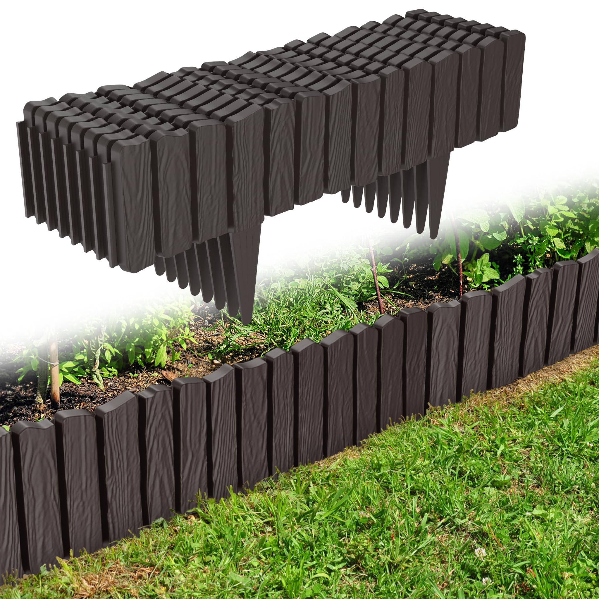 Yunvin Flexible Garden Edging Border 6.9m/22.6ft 12pcs Plastic Wood Effect Lawn Edging with Spike-in Easy Install Weather-Resistant Landscape Fence for Flower Beds, Lawn and Patio, Brown
