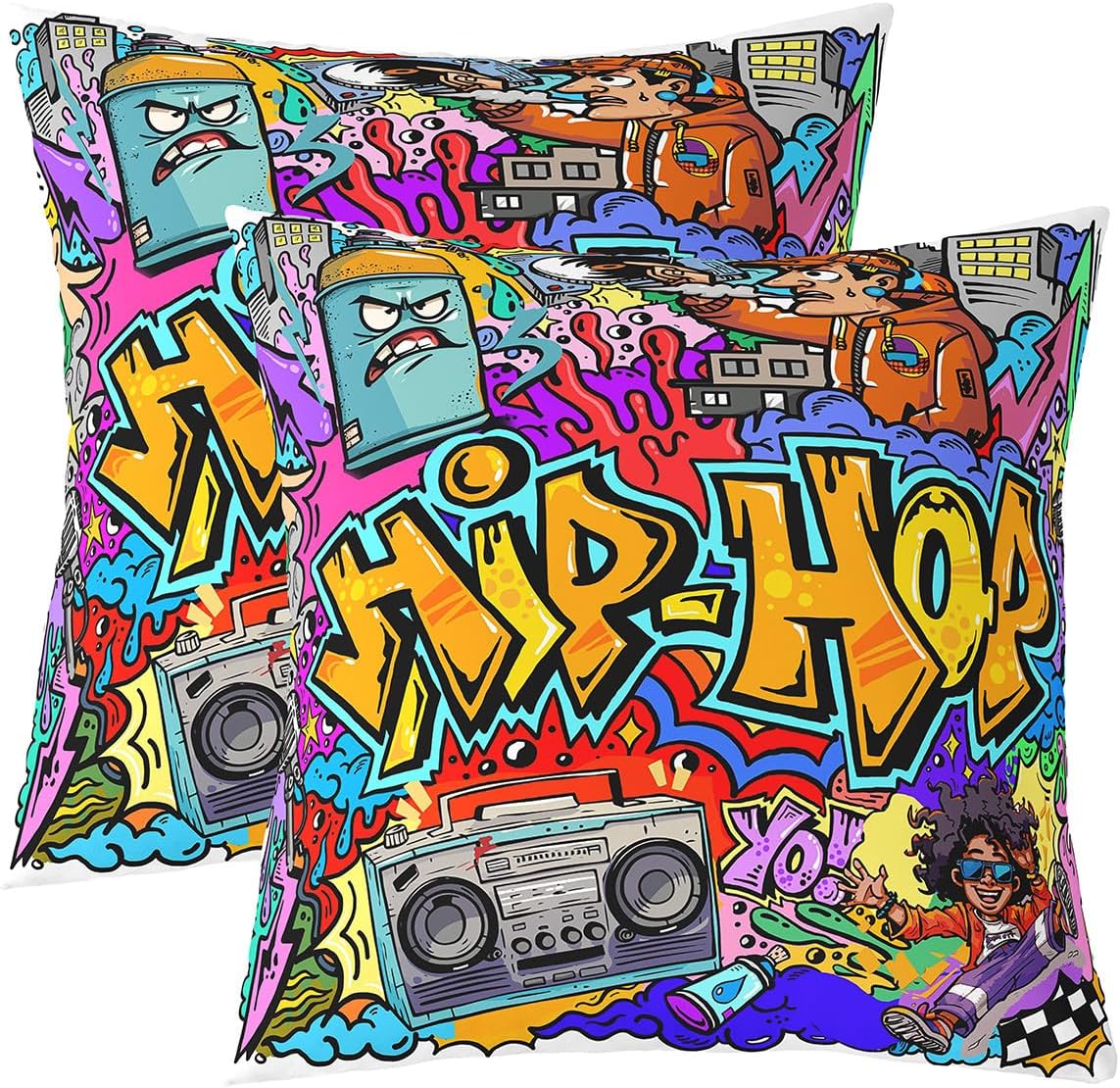 Hippie Graffiti Style Throw Pillow Covers 22"x22" Set of 2 Hip Hop Decor Cushion Covers for for Couch Sofa Graffiti Graphic Street Culture Grunge Art Decorative Pillowcases Outdoor Pillows Covers