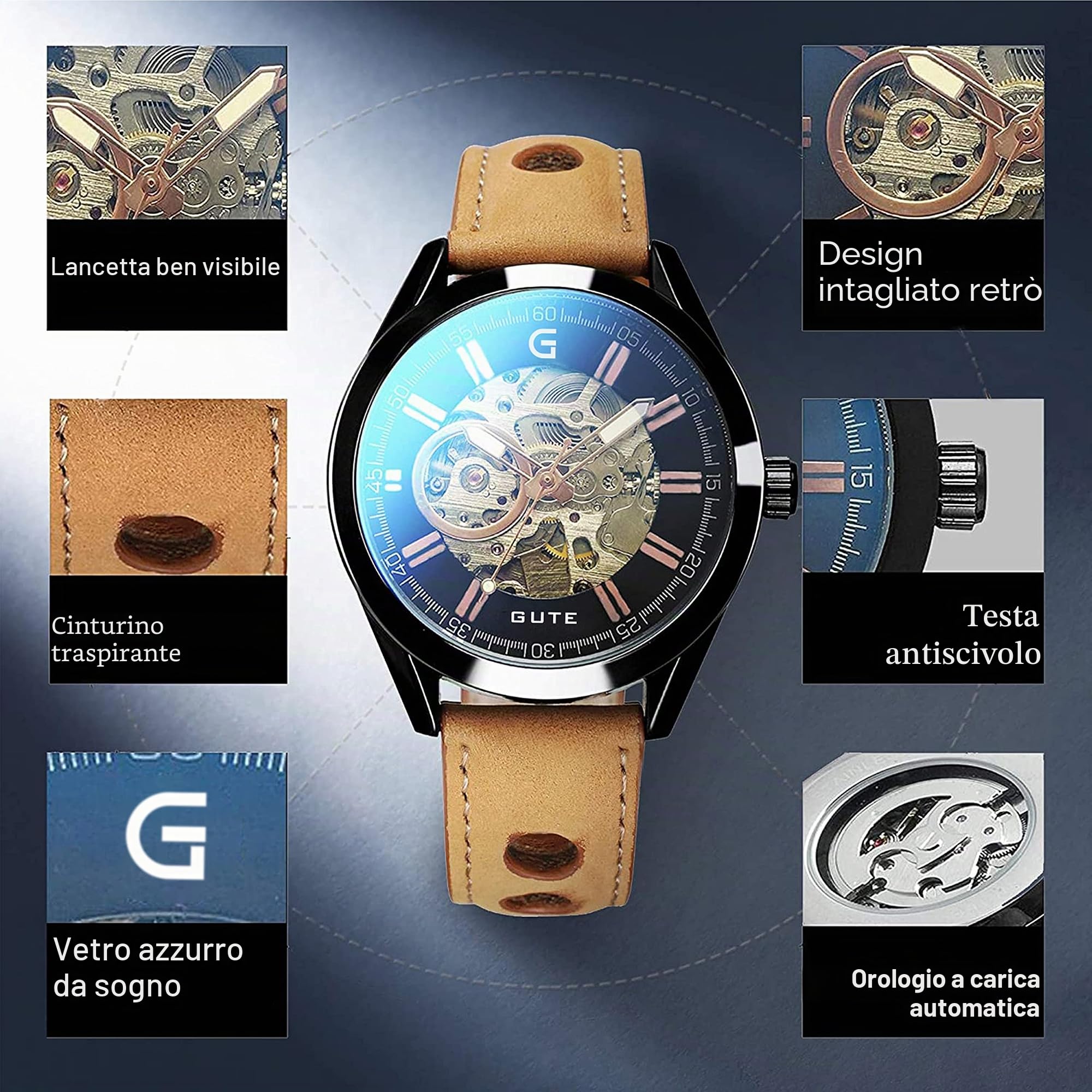 Gute Orologio da uomo automatico casual sportivo cinturino in pelle marrone