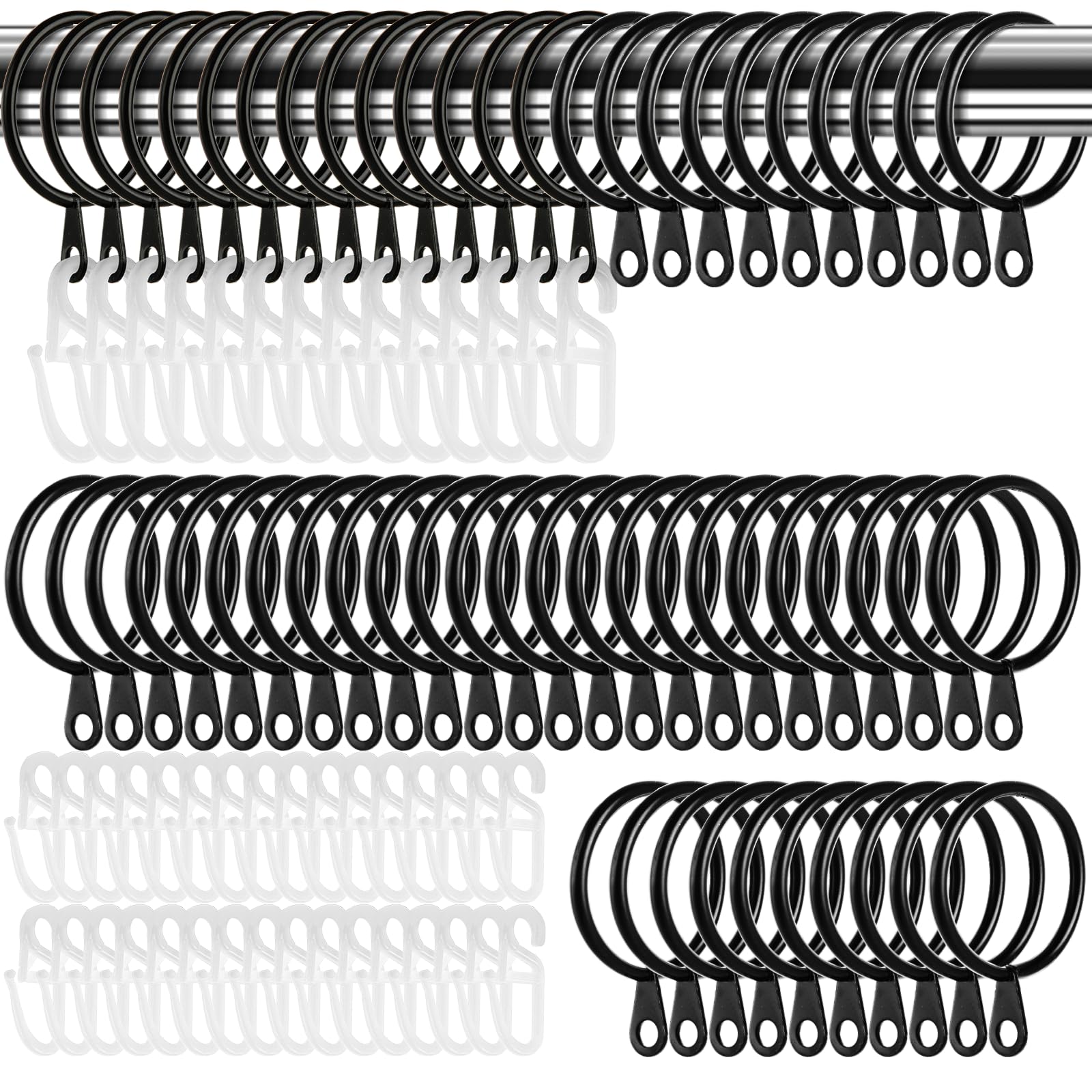 ASelected 50 Pack 38mm Large Curtain Rings and Hooks,Metal Drapery Curtain Rings Hanging Rings with Plastic Hooks,Hoops,Durable and Rustproof Curtain Pole Rings for Curtains,Rods,Drapery,Black
