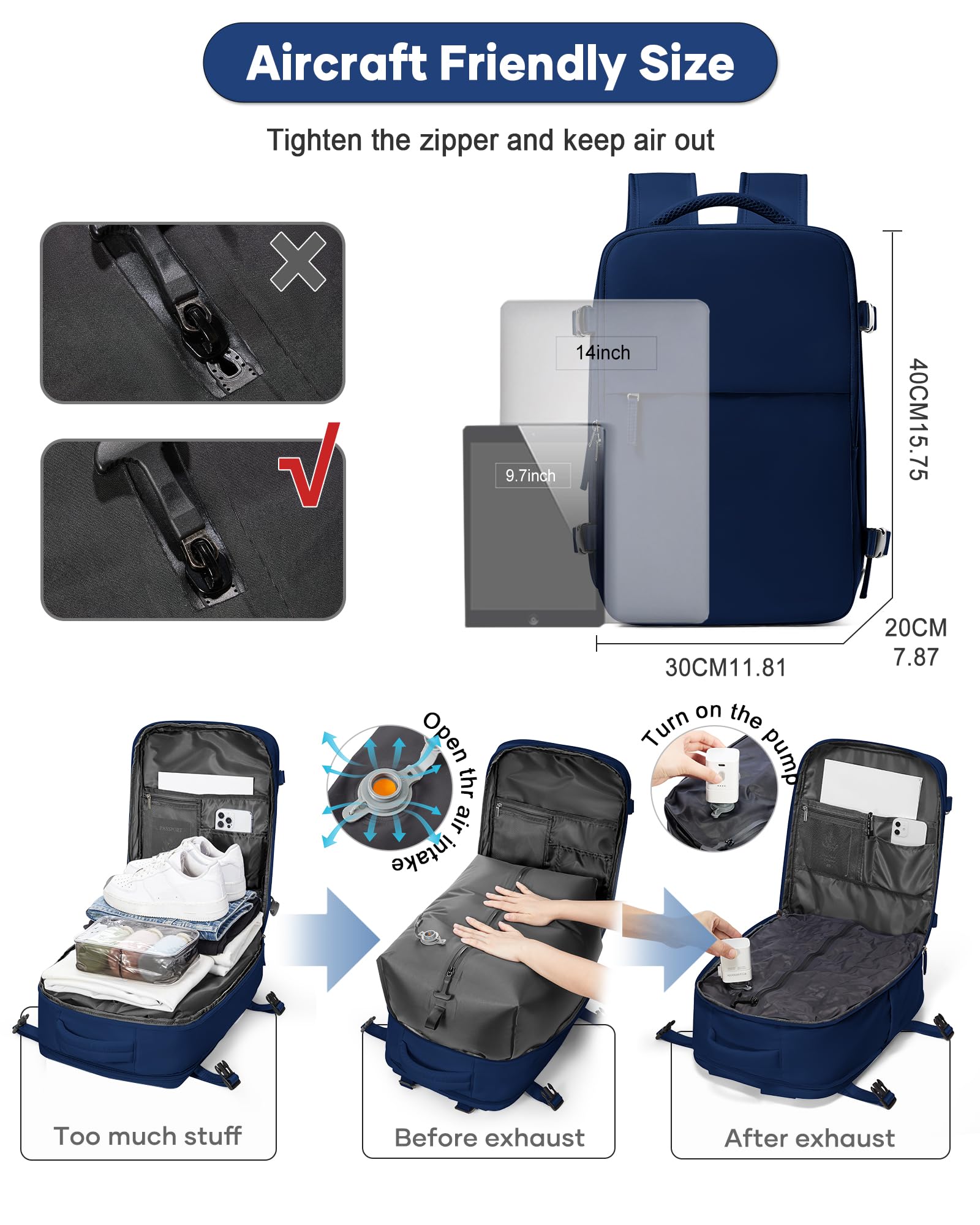 SZLX Zaino A Vuoto Bagaglio A Mano Donna, Zaino Airbag Con Sistema Di Vuoto Per Viaggi, Ryanair Viaggio Ruscksack Dimensione Cabina Con Pompa Impermeabile Uomo Valigia A Vuoto