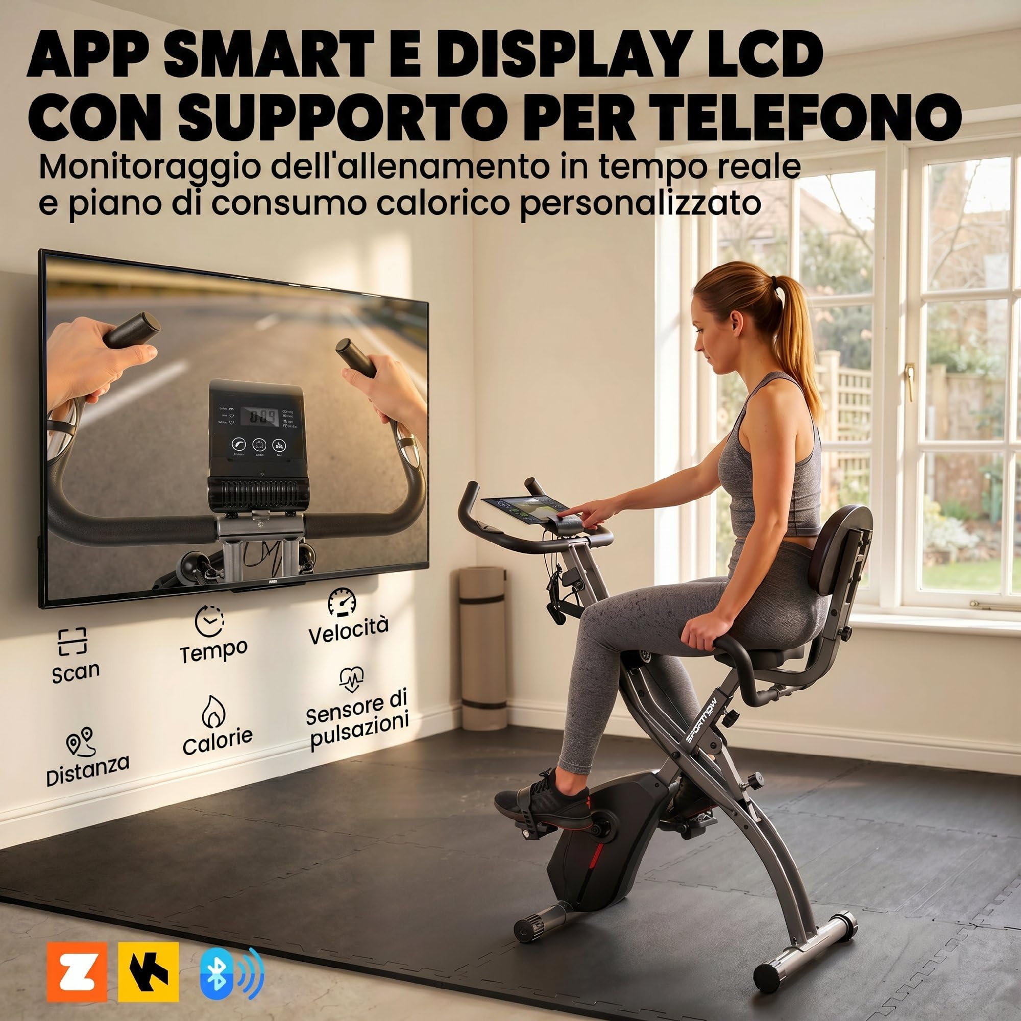SPORTNOW Cyclette da Casa Pieghevole 3 in 1 con App Bluetooth, Cyclette da Camera con Banda Elastica, 8 Livelli Resistenza Magnetica, Sedile Regolabile, Display LCD, Sensore Cardiaco, Portatelefono