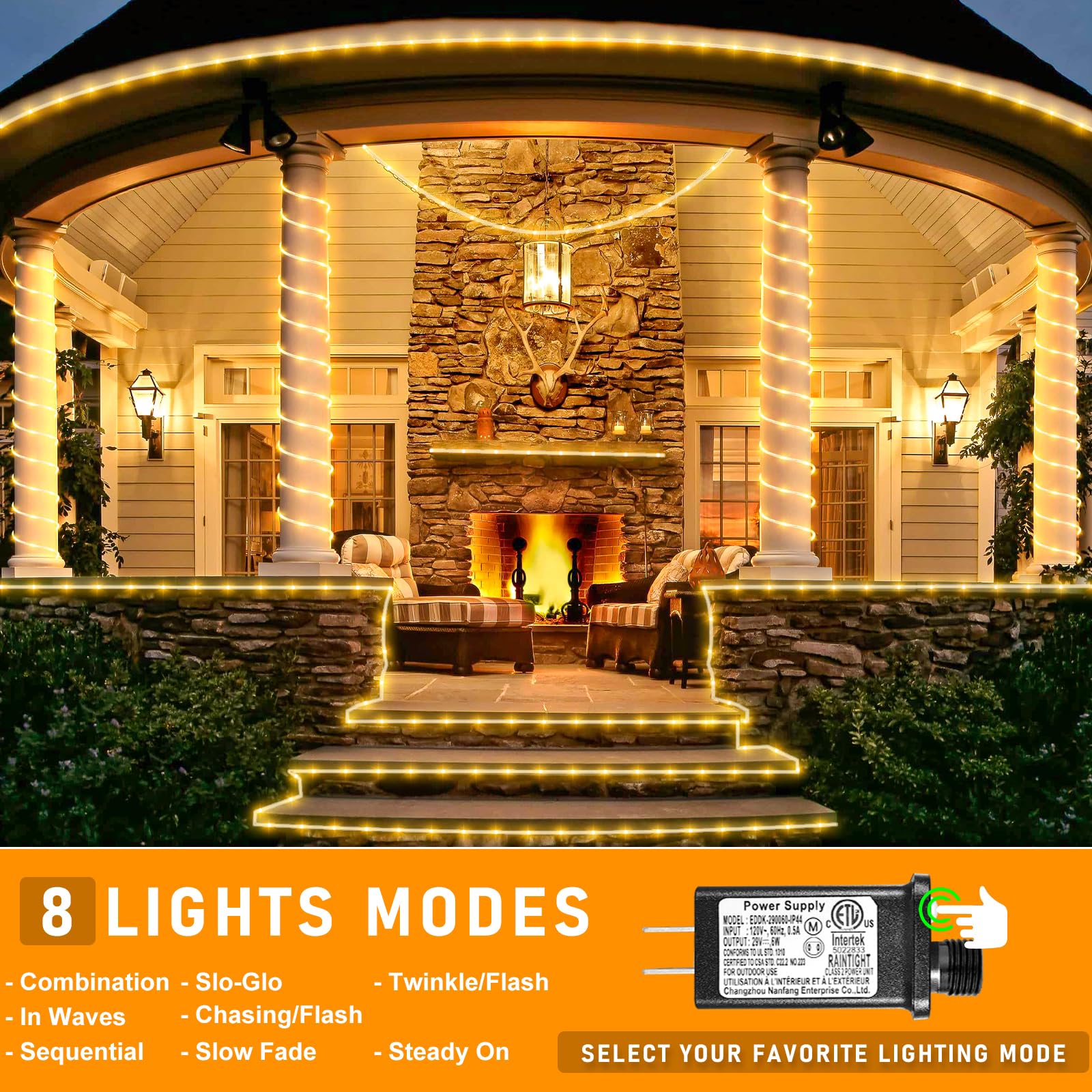 Luci natalizie per esterni, 200 LED, impermeabili, 8 modalità, per interni, camera da letto, giardino, cortile, patio, piscina, decorazioni per alberi, bianco caldo