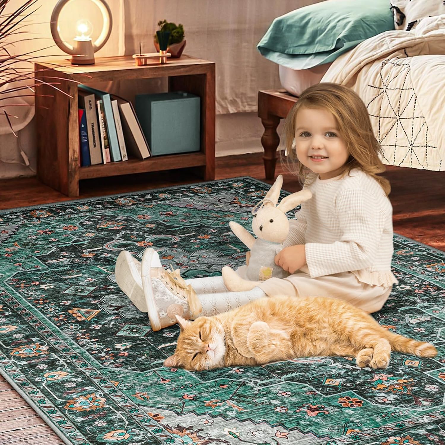 Vintage Area Rug Set 2, Washable Small Entryway Rug, Soft Throw Rugs Retro Distressed Carpet Thin Rug Room Mat Foldable Accent Rug Non-Slip Non-Shedding Low-Pile Floor Carpet Doormat