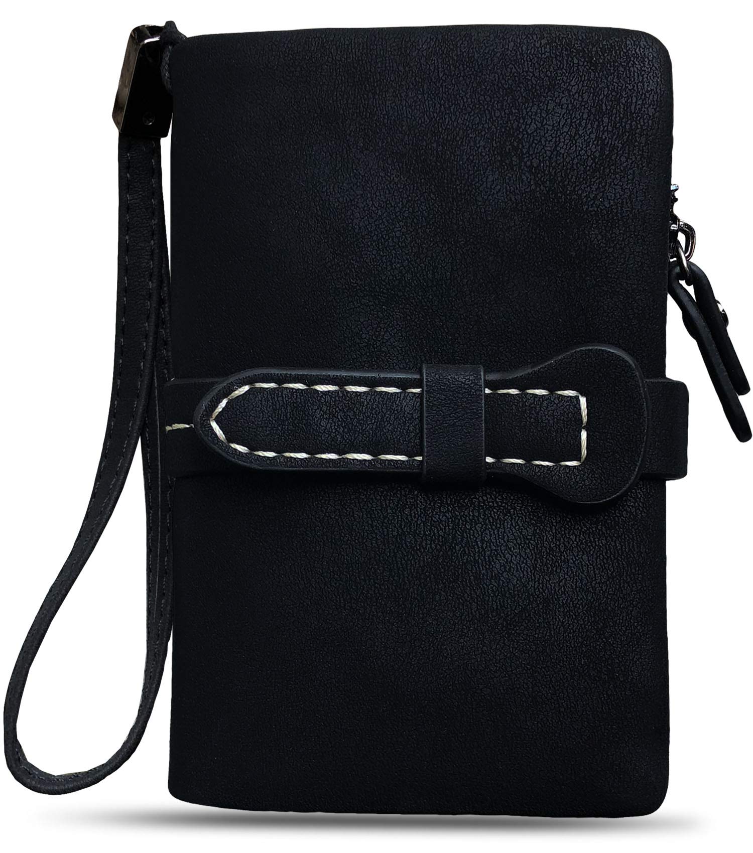 AOXONEL Piccolo portafoglio da donna in pelle bifold con blocco RFID da polso con porta carte d'identità, portamonete, Nero 3, Small, Vintage