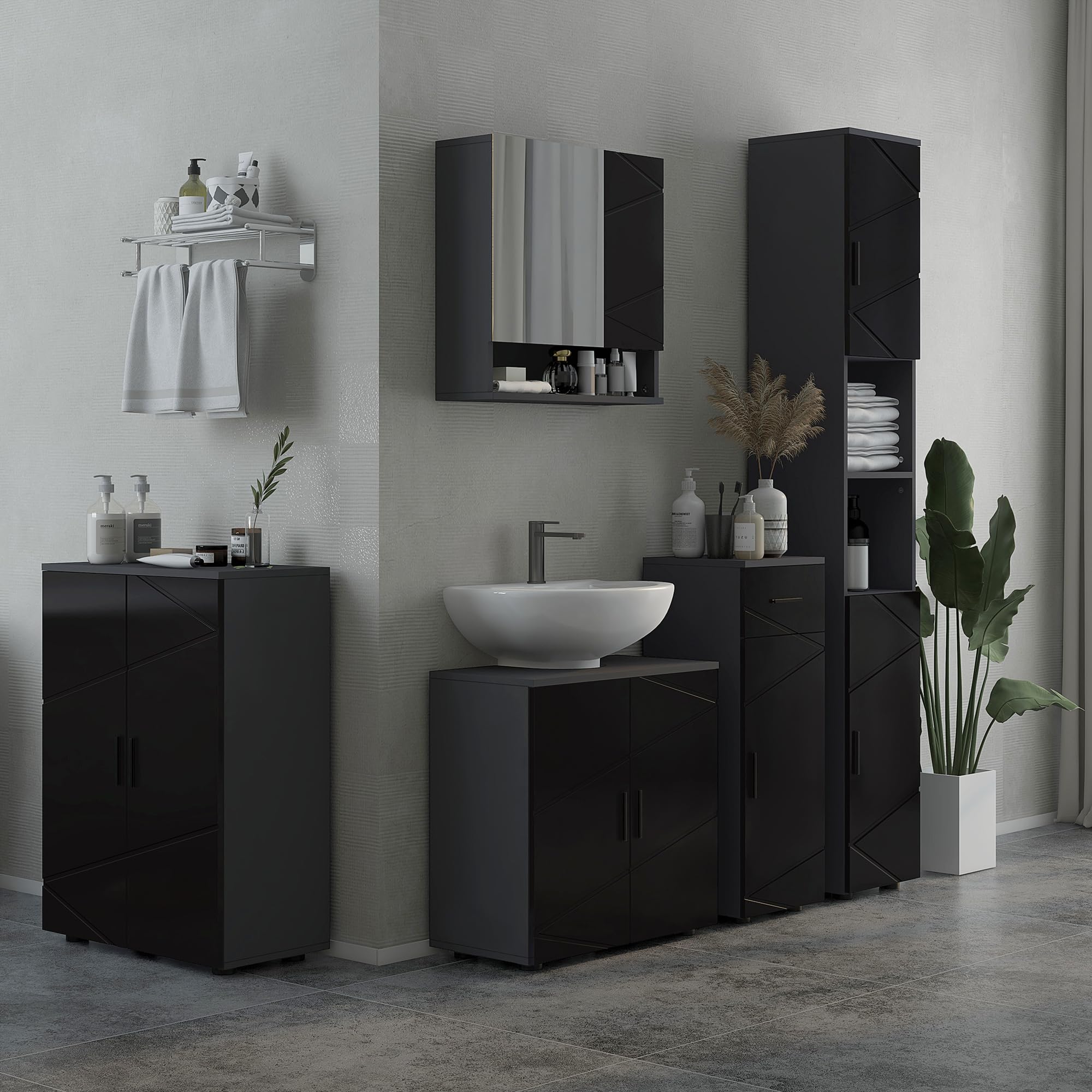 kleankin Colonna Bagno in Truciolato con 2 Ripiani Aperti e 2 Armadietti a 2 Livelli Regolabili, 30x30x183 cm, Nero e Grigio Scuro