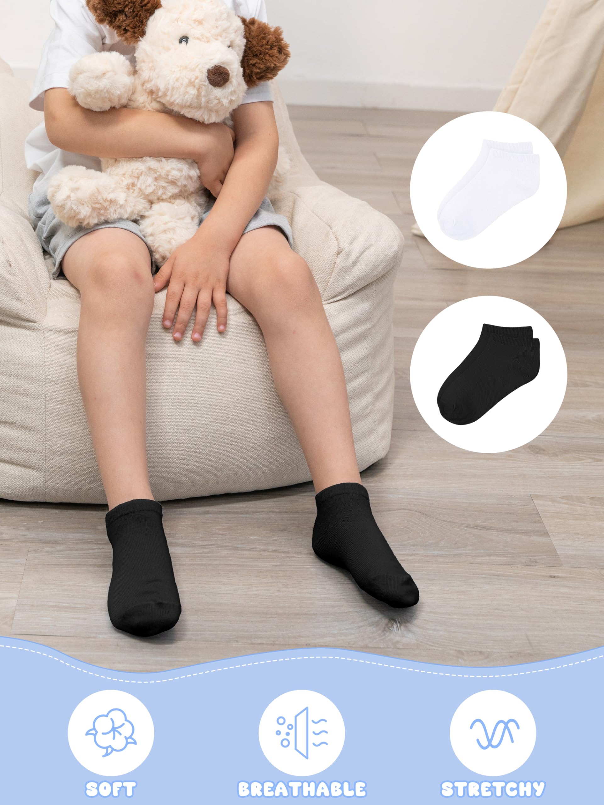 Cooraby 15 Pack Kids' Half Cushion Low Cut Athletic Ankle Socks Boys Girls Ankle Socks, White, Black, 4-6 Years 3