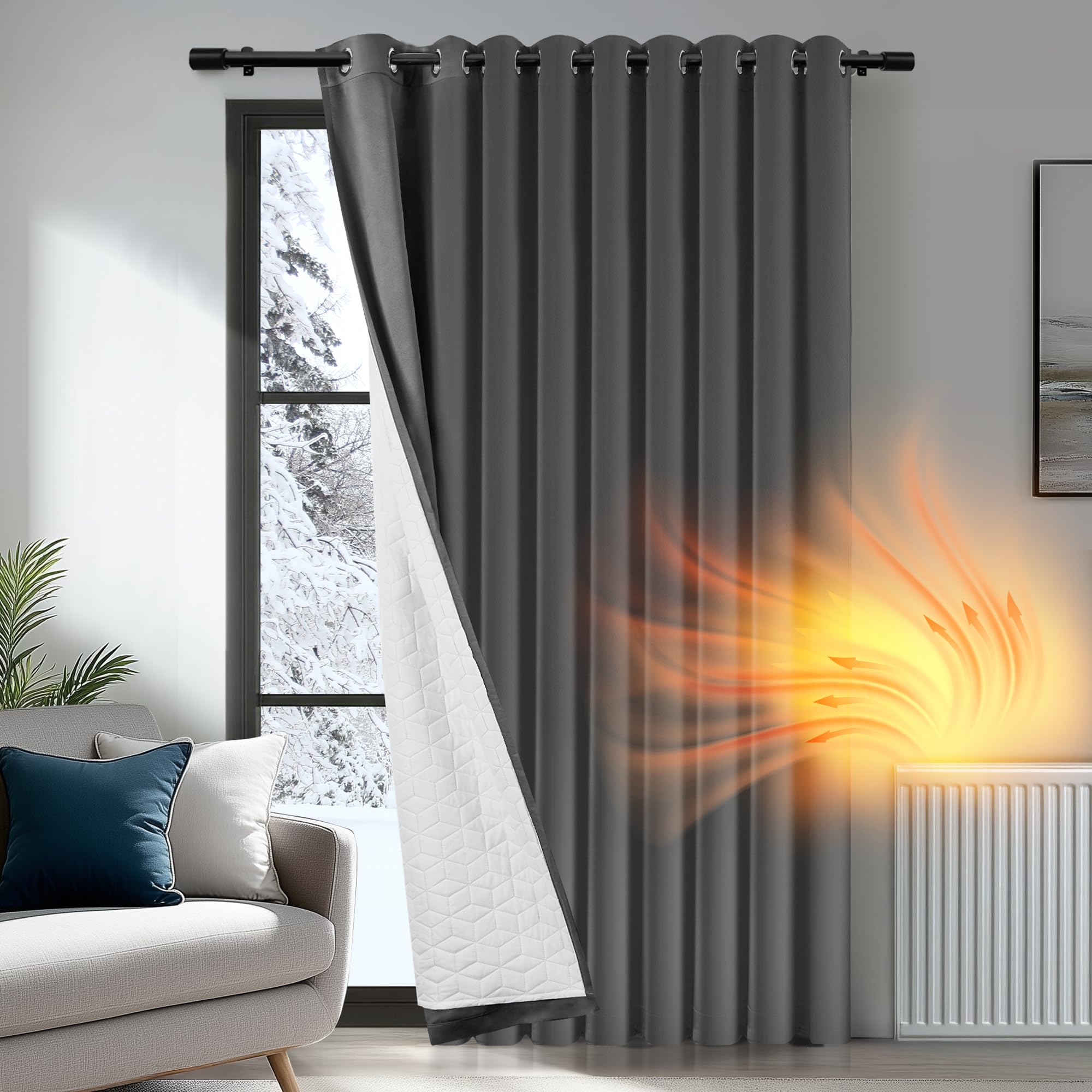 Deconovo Door Curtain Thermal Insulated, Energy Saving Window Panel with Thick Microfiber Lining, Windproof Double Layer Blackout Curtains for Living Room, W 118" x L 102", Dark Grey, 1 Panel โ image 1