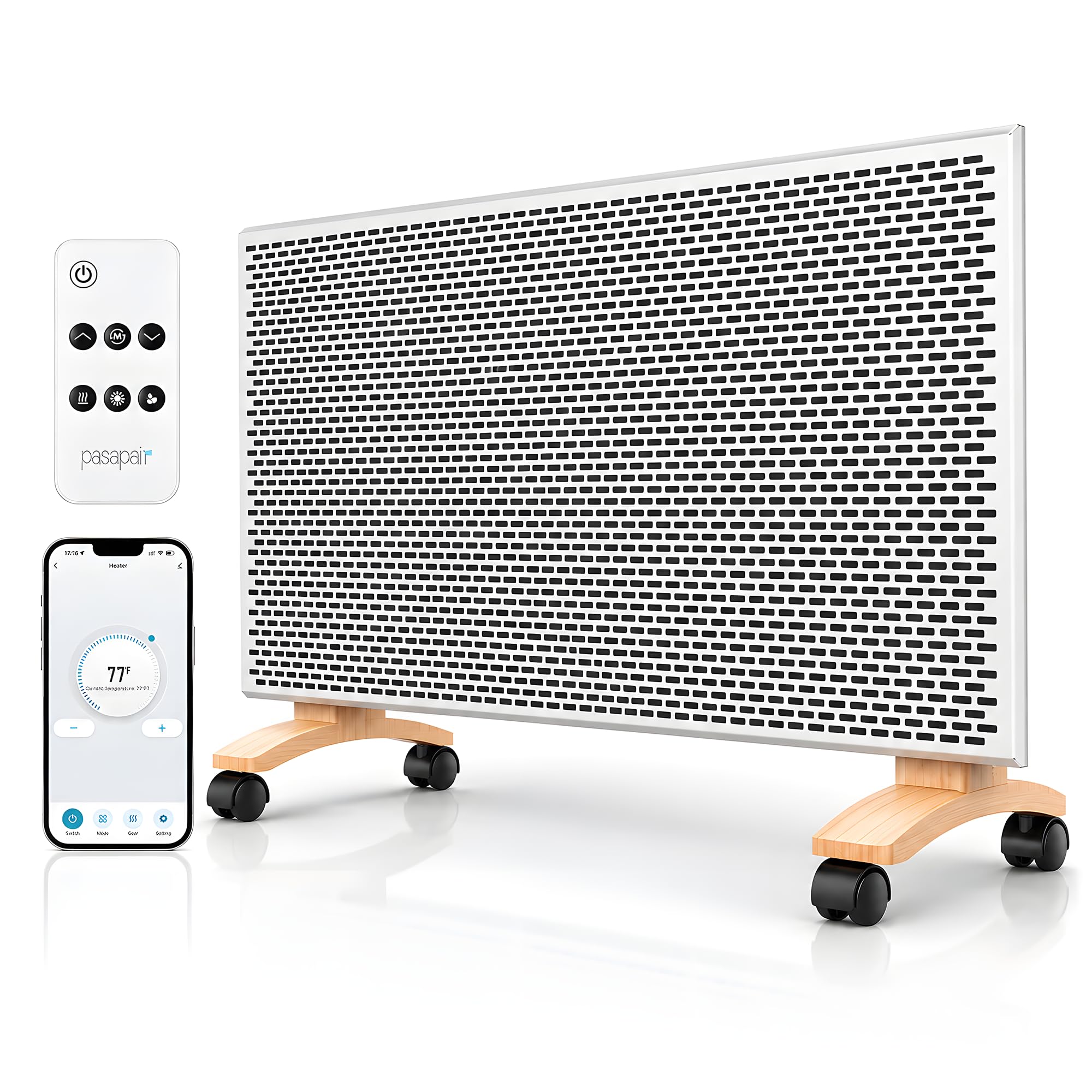 10-Sec Mica Heat, 41–97°F Thermostat, 24/7 App Scheduling, Quiet Even Warmth, IP24 Bathroom Use, Wall/Floor With Casters Pasapair 1500W Mica Panel Space Heater, WiFi App & Alexa, Wall or Floor