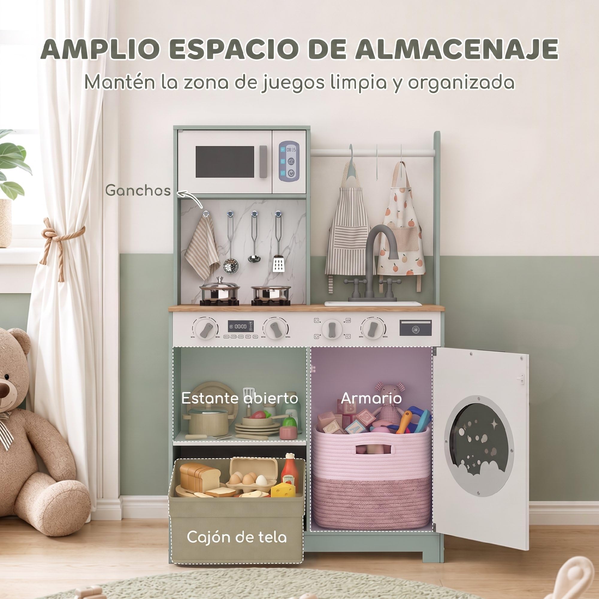 AIYAPLAY Cocina de Juguete de Madera Cocinita Infantil 3-6 Años Verde