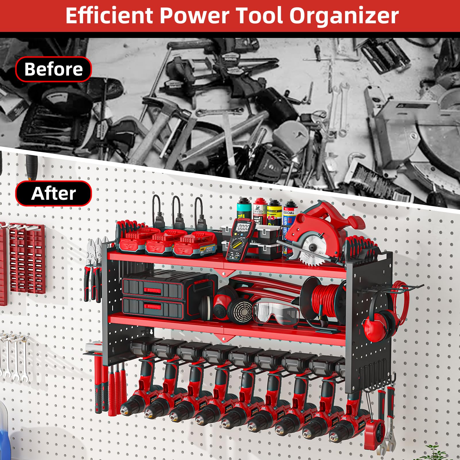 Yeabett Étagère à outils électriques à 3 couches pour 7 supports de perceuse, support mural robuste pour garage, maison, atelier (rouge Yeabett Étagère à outils électriques à 3 couches pour 7 supports de perceuse, support mural robuste pour garage, maison, atelier (rouge