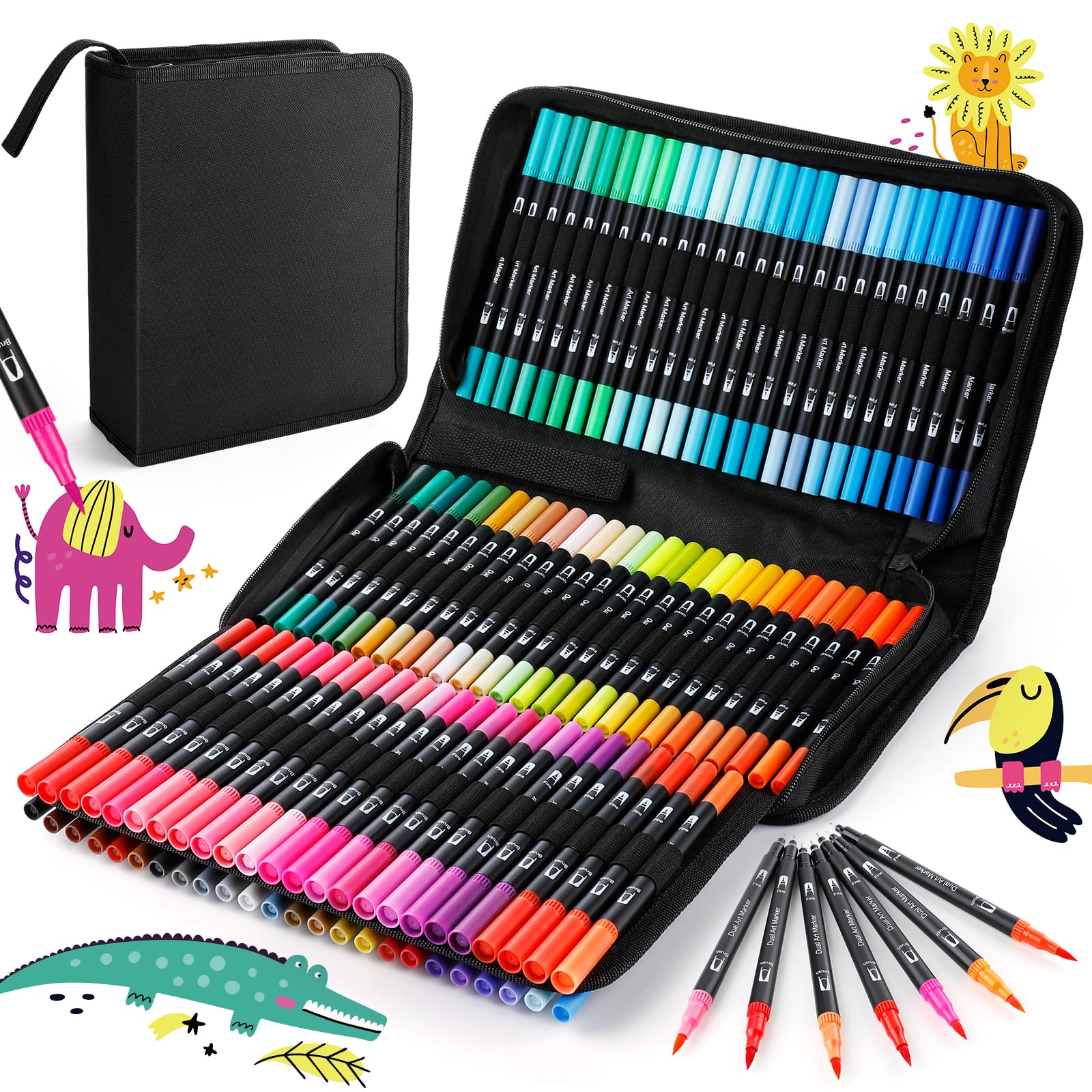 URBZUE Rotuladores Lettering 100 Colores, Punta Pincel, Rotuladores Doble Punta Fina, Rotuladores Acuarelables, Lettering Kit para Niñas, Brush Pen, Mandalas, Graffiti, Caligrafía, Dibujar