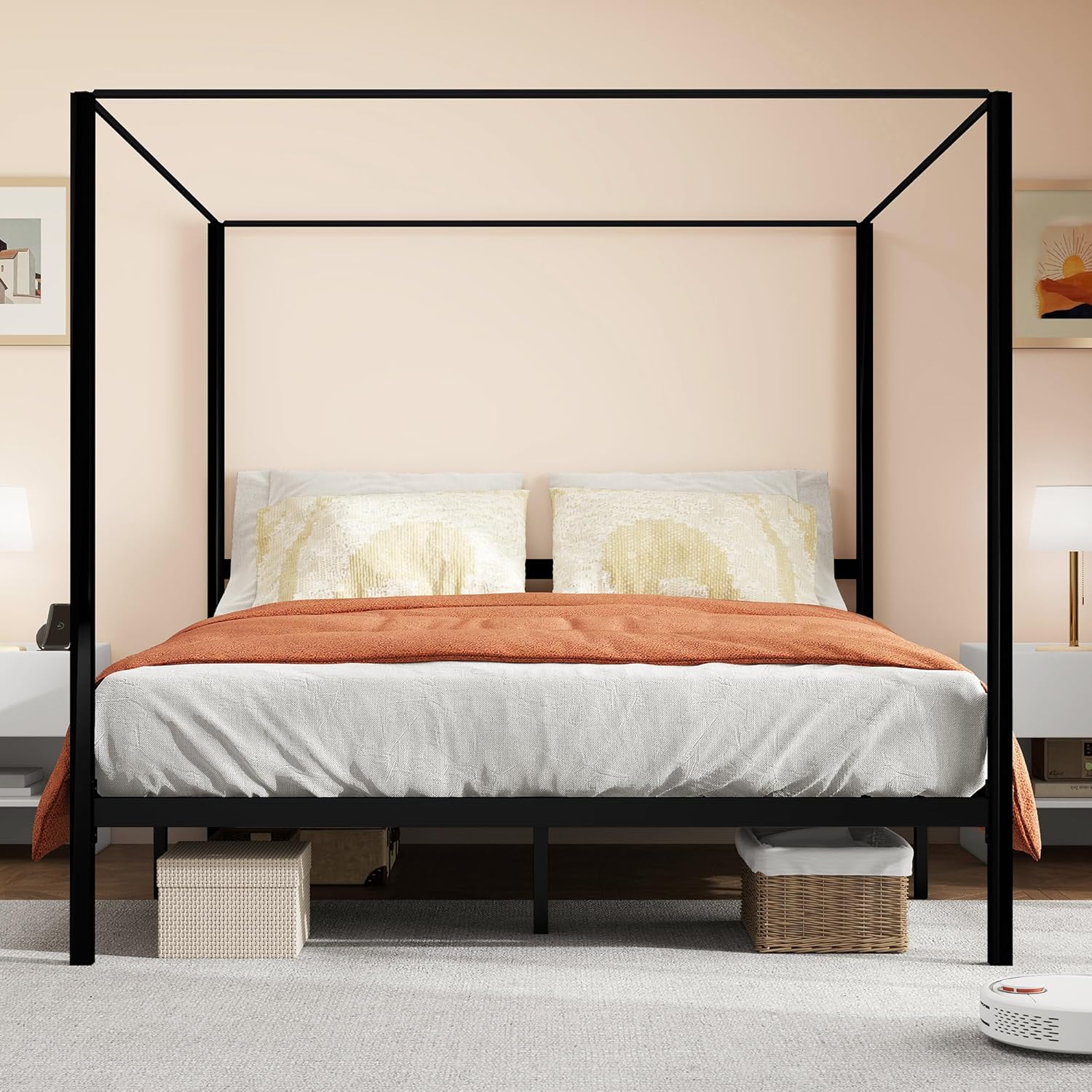 DWVO Canopy Bed Frame King, Four Poster Bed with Built-in Headboard, 14 Inch Platform Bed with Metal Slat, Noise Free, No Box Spring Needed, Black