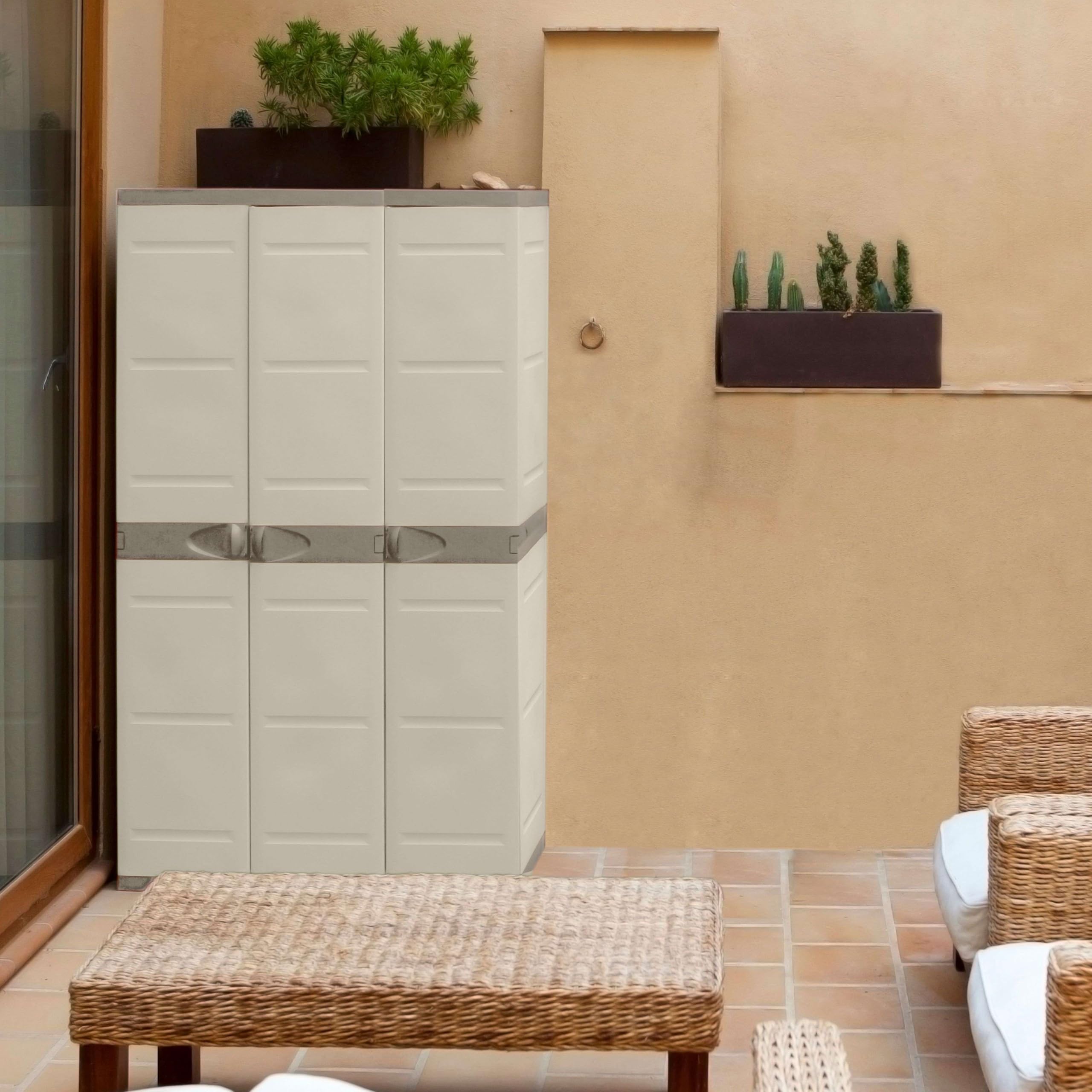 Miroytengo Armario de Jardín 3 Puertas Titanium, Armario de Resina 4 Estantes Regulables Beige 105x176x41 cm