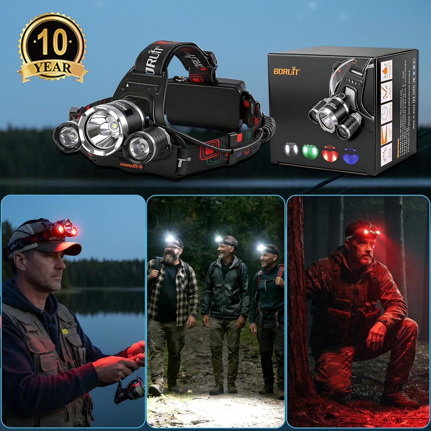 BORUIT RJ-3000 Headlamp with Red Light, 3 Modes Super Bright LED Head Lamps, USB C Rechargeabe, IPX4 Waterproof Headlight for Adults Hunting Fishing Camping