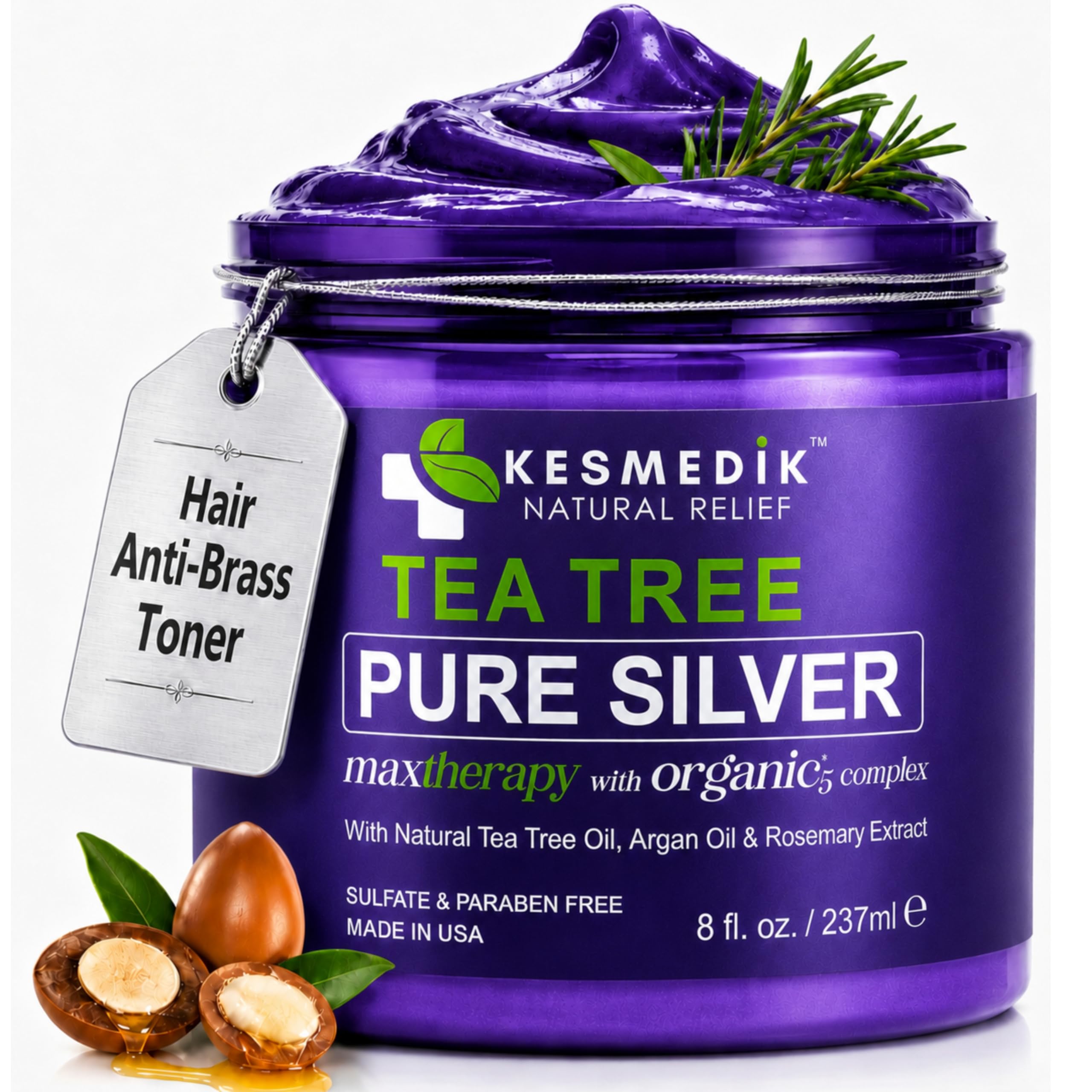 Tea Tree Purple Hair Mask Toner for Highlighted, Silver & Gray Hair | Neutralizes Brass & Yellow Tones, Moisturizes & Hydrates Hair, Refreshes Itchy Scalp, Sulfate-Free Botanical Formula, 237mL