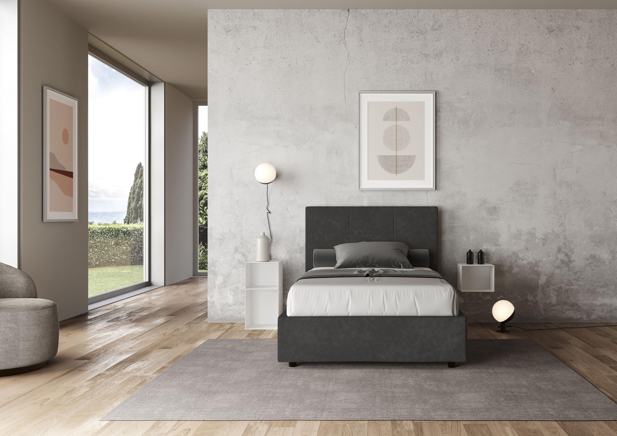 Letto Queen Size in Microfibra Grigio Mika con contenitore imbottito 120x190