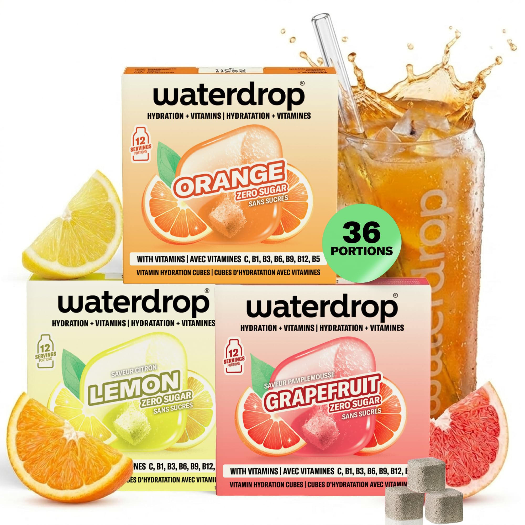 waterdrop® Coffret Microdrink, Orange, Citron et Pamplemousse, 36 boisson en cube effervescente sans sucre pour aromatiser l'eau, Extraits de fruits et de plantes, Eau Aromatisée infusion à froid