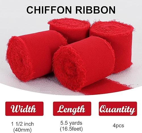 Miniatura 2 de TONIFUL 4 rollos de cinta de gasa roja - 1 12 pulgadas 5.5 yardas de cinta de seda para envolver regalos, bodas, decoración de fiestas, envoltura de