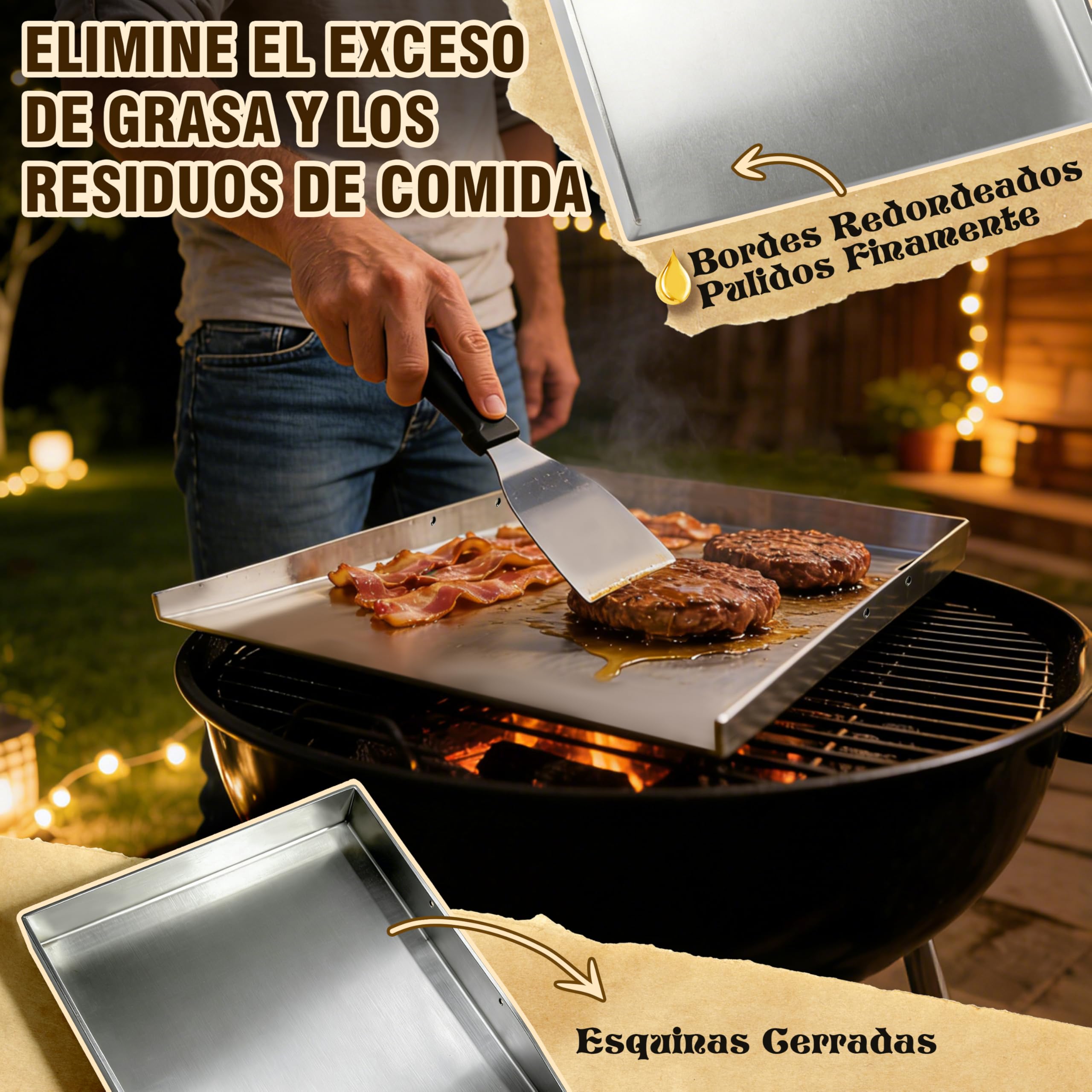 JONRRYIN Plancha de Acero Inoxidable 40 x 30 cm, Plancha Barbacoa con 2 Espátula, Mango Desmontable, Adecuado para Barbacoa de Gas y Barbacoa de Carbón (Tres aristas)