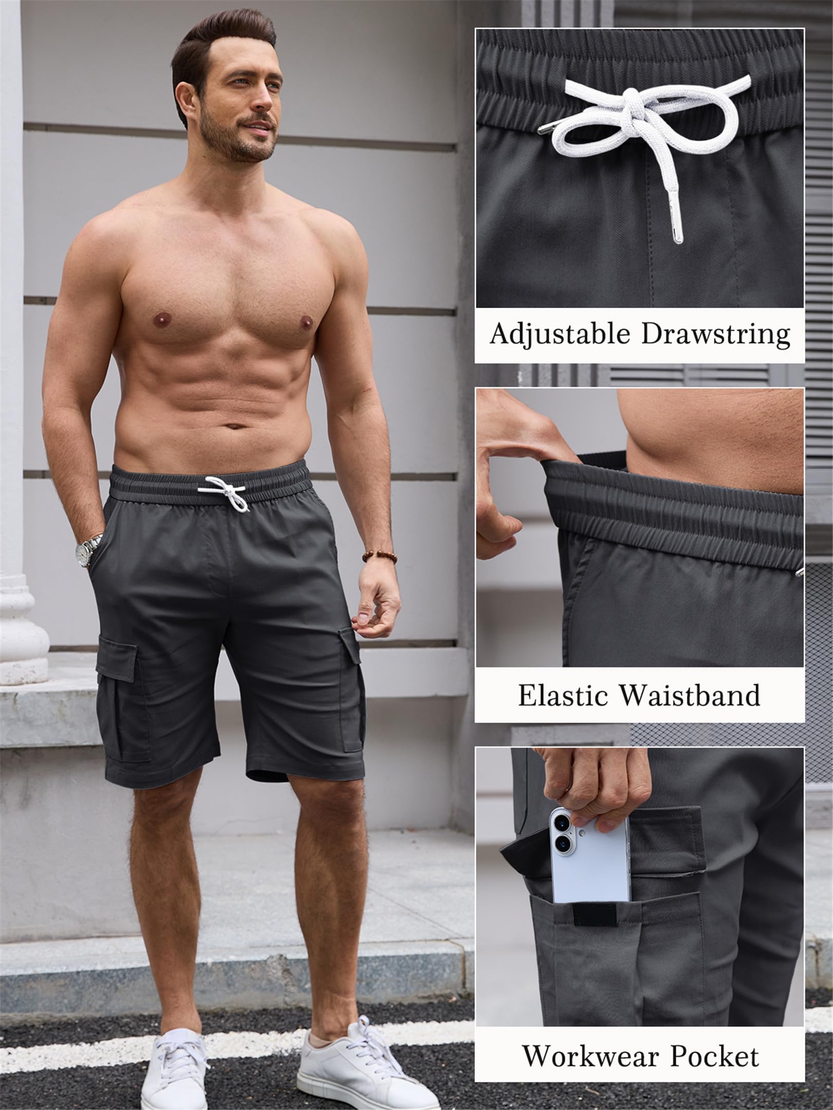 Tolaler Shorts Homme Ete Bermuda Casual Short Cargo Sport Taille Elastique Décontracté Travail avec Poches Running Randonnée
