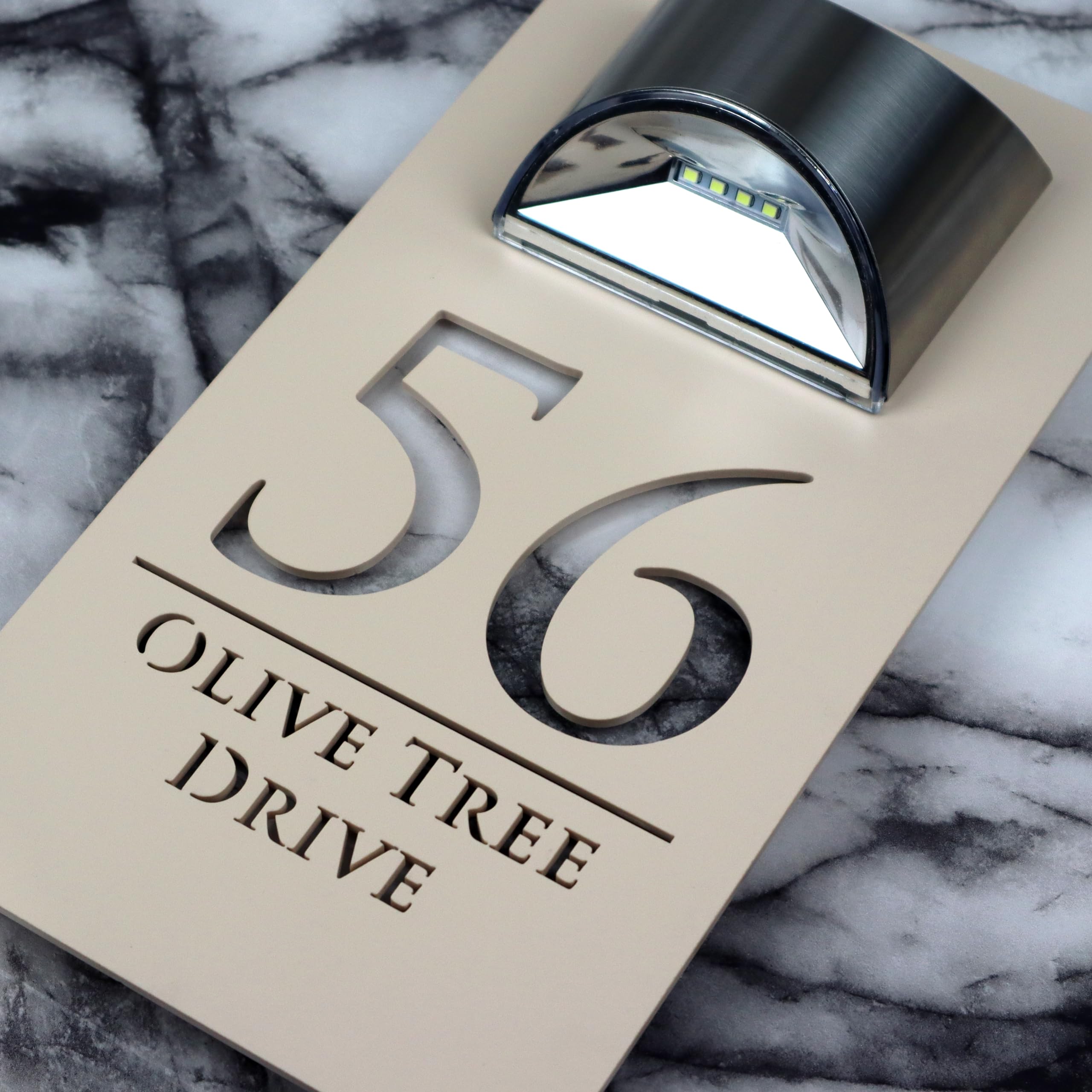 K Smart Sign | Bellissima LED F32 | Contemporary House Signs Plaques Door Numbers 1-9999 Street Name SOLAR LIGHT LED For Wall Personalised Laser Cut Mirror! (Matt Khaki Cream & White Marble) โ image 1