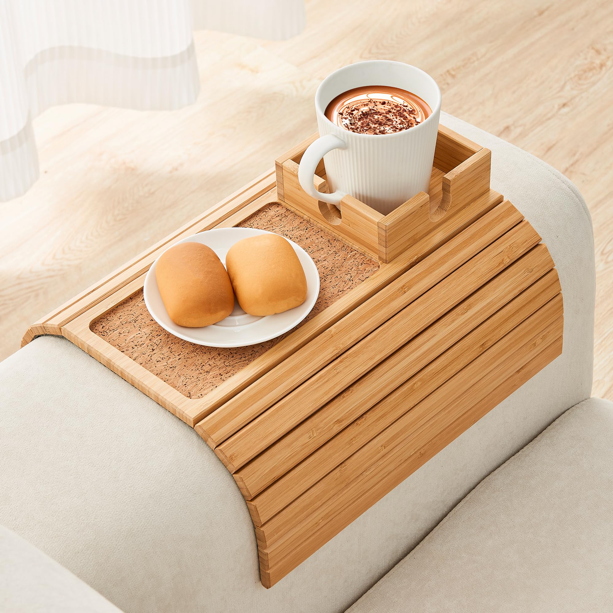 LOVYANXUE Bamboo Couch Cup Holder, Foldable Sofa Arm Tray, Anti-Slip Couch Aremrest Tray Table for Drink, Cup, Remote, Snacks, Cellphone, Portable,