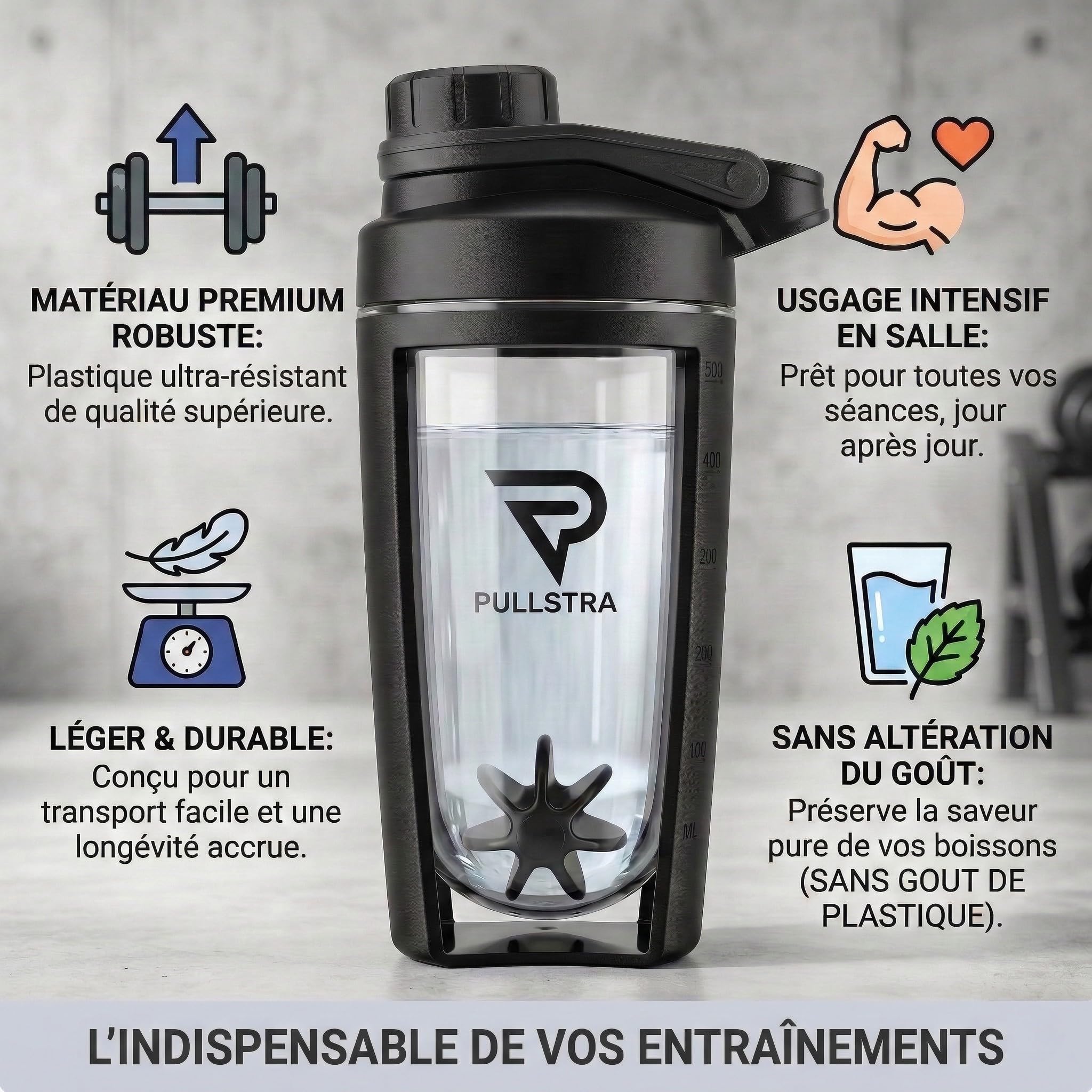 Shaker Protéine 500ml – Shaker Sport Étanche Sans Fuite, Gourde Sport pour Whey & Musculation, Shaker Gradué Sans Grumeaux, Fitness Homme & Femme (Noir)