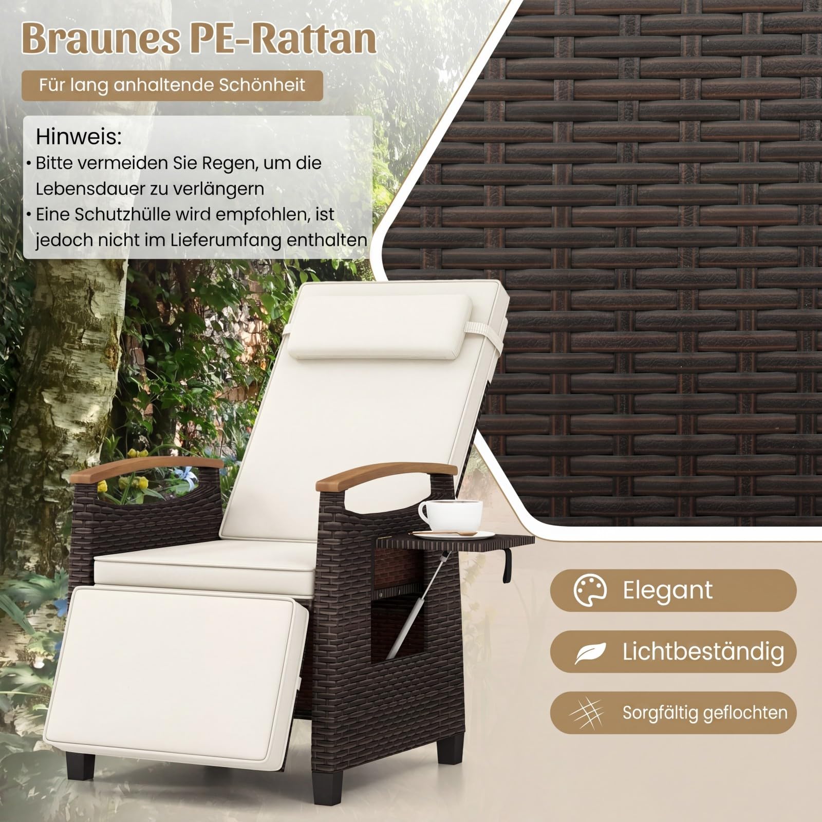 COSTWAY Gartensessel mit Liegefunktion, Rattansessel mit Kissen & Verstellbarer Rückenlehne, Liegestuhl mit hochklappbarem Beistelltisch, Liegesessel, Relaxsessel für Terrasse, Garten, Balkon (Beige)