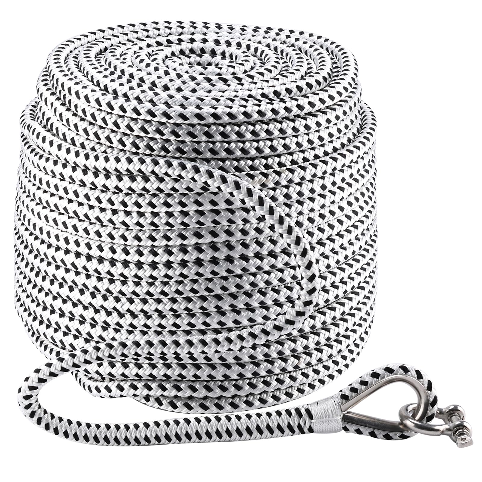 NovelBee 1/2" Anchor Rope 300',Braid Nylon Line with Shackle (White&amp;Black)