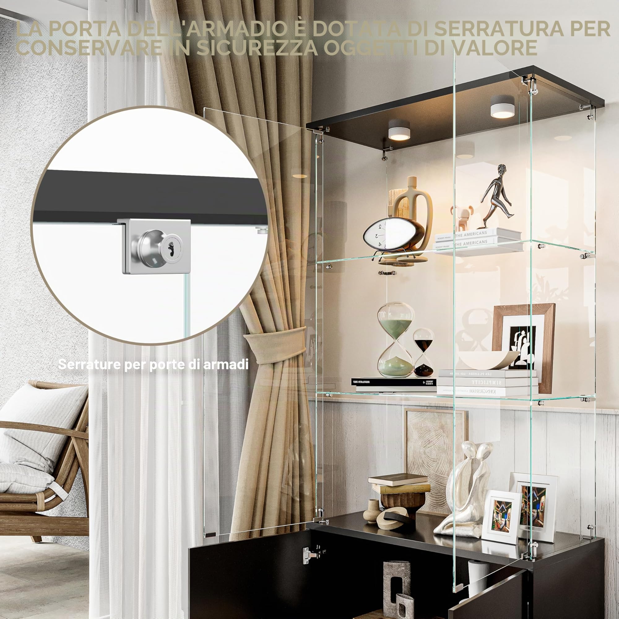 Vetrinetta in legno e vetro con illuminazione a LED, 4 ripiani e 2 ante con serratura, armadietto per esporre collezioni, libri e vini, nero (nero, 4 ante, 4 ripiani, con LED)