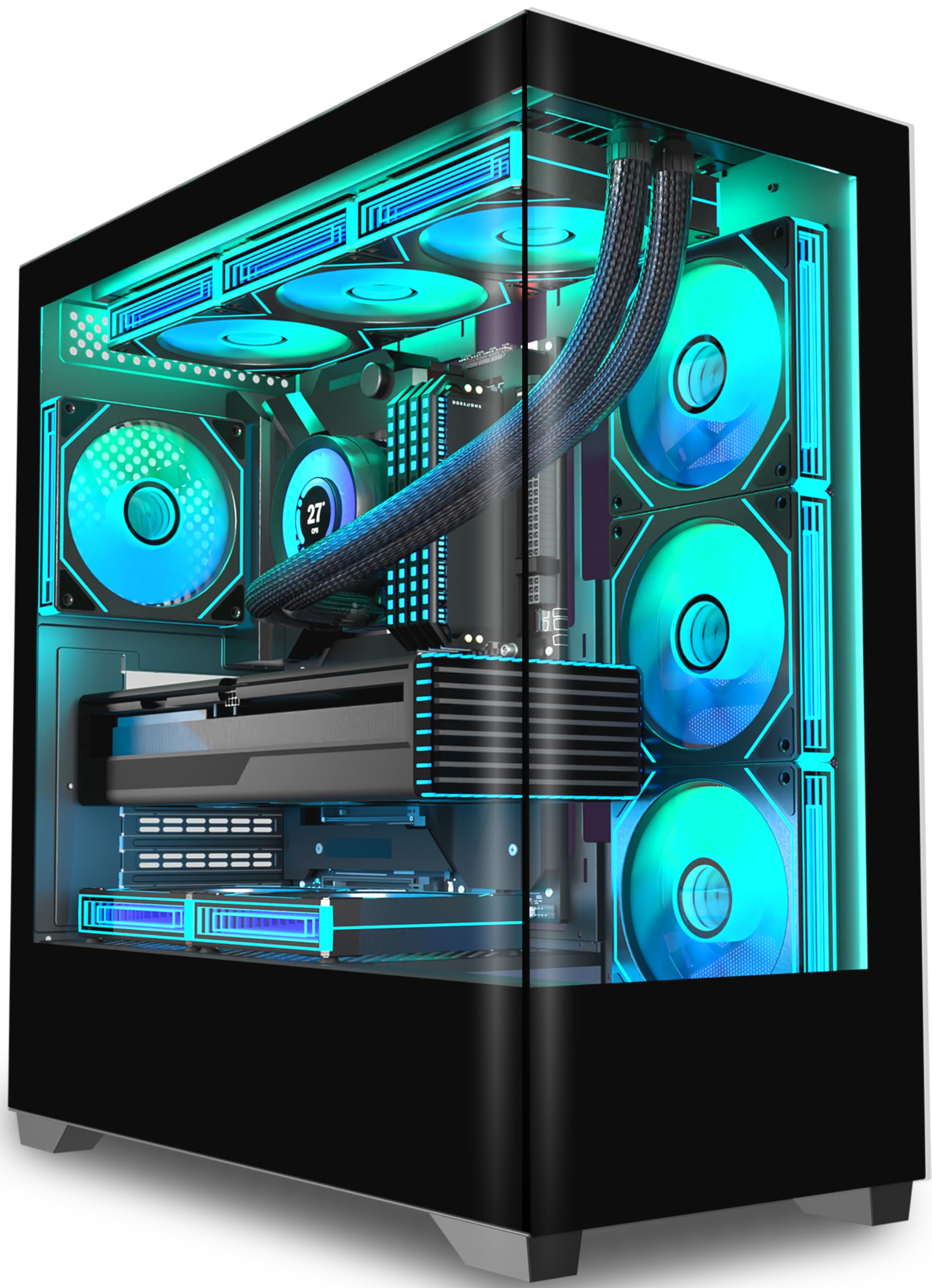 KEDIERS PC Gehäuse Vorinstallierter 7 × 120MM PWM ARGB Lüfter, ATX Mid Tower PC Gehäuse, Computergehäuse mit Panoramaaussicht Gehärtetes Glas Front Panel,Schwarz，P4 ARGB