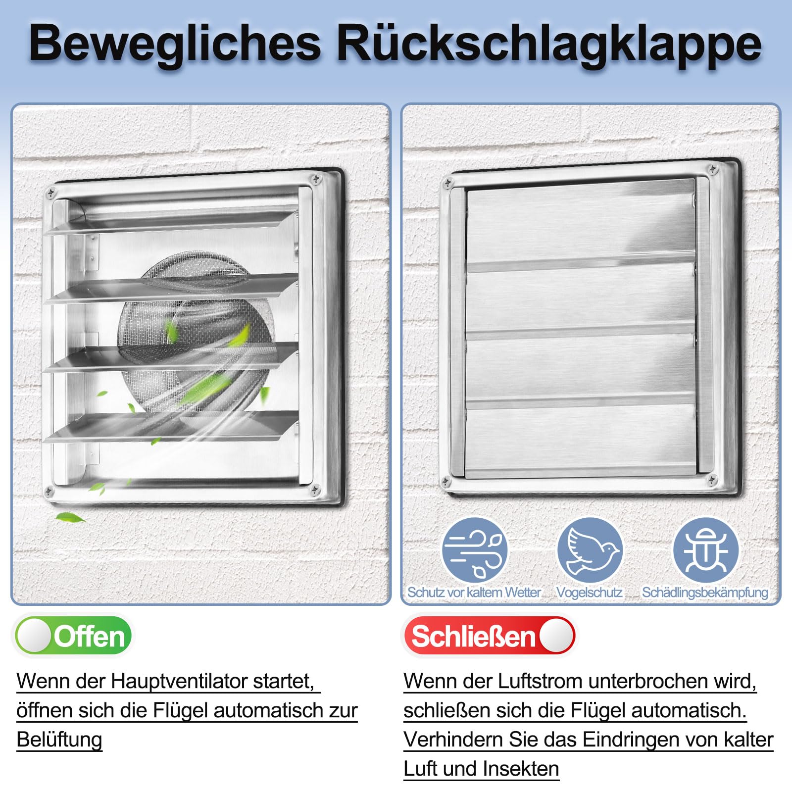 thumbnail: Yooler Ventilatierooster Roestvrij Staal 100 Mm - Met Terugslagklep, Insectenhor, Voor Afzuigkap En Afvoer