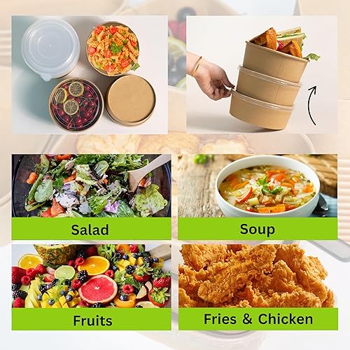 Miniatura 5 de Cuencos de papel redondos desechables de 34 onzas con tapa, 50 juegos de cajas de contenedores de delicatessen, a prueba de derrames, aptos para
