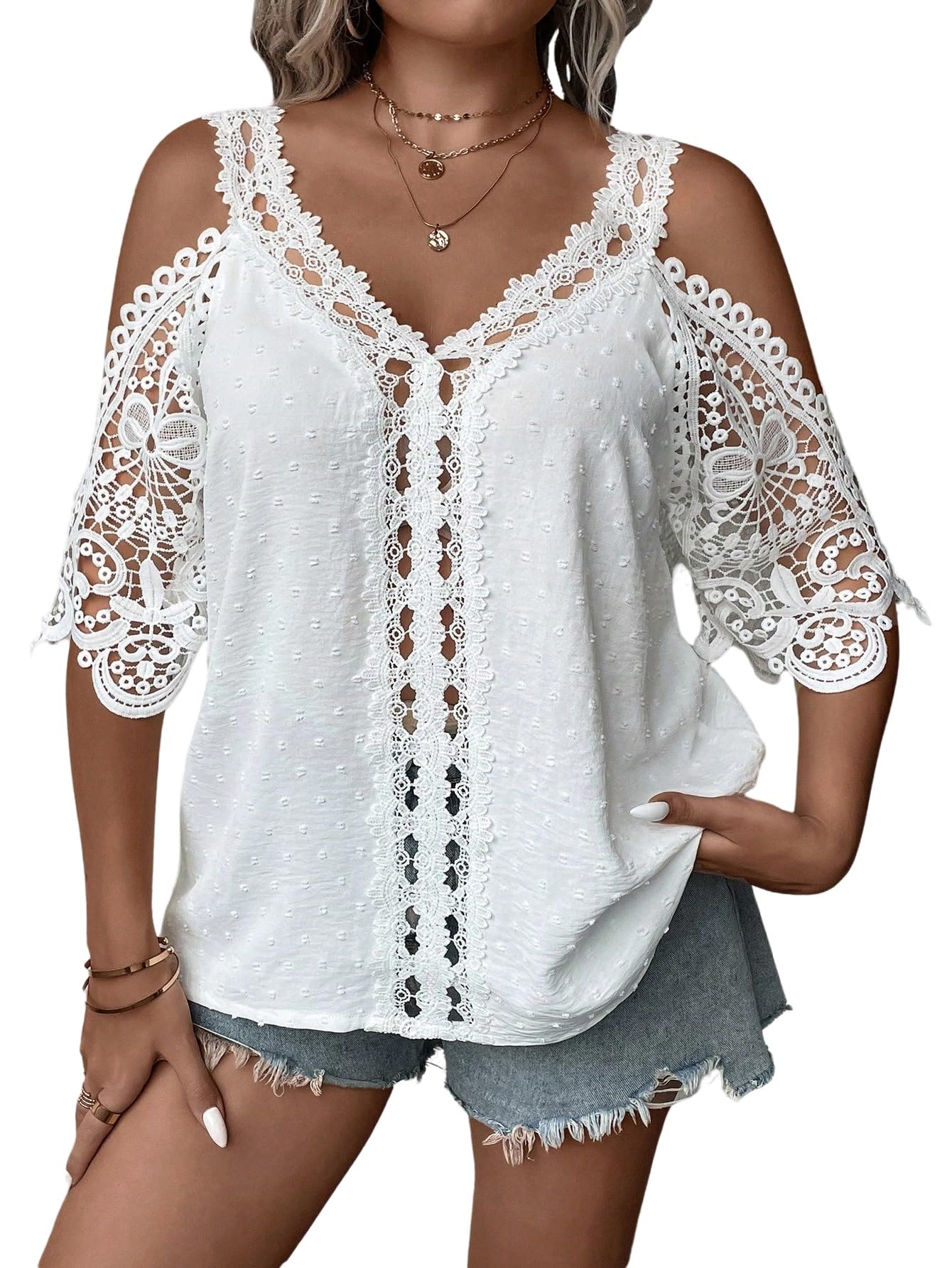 GORGLITTER Camicetta da donna, taglie forti, elegante, estiva, con pizzo, spalle scoperte, stile boho, per il tempo libero
