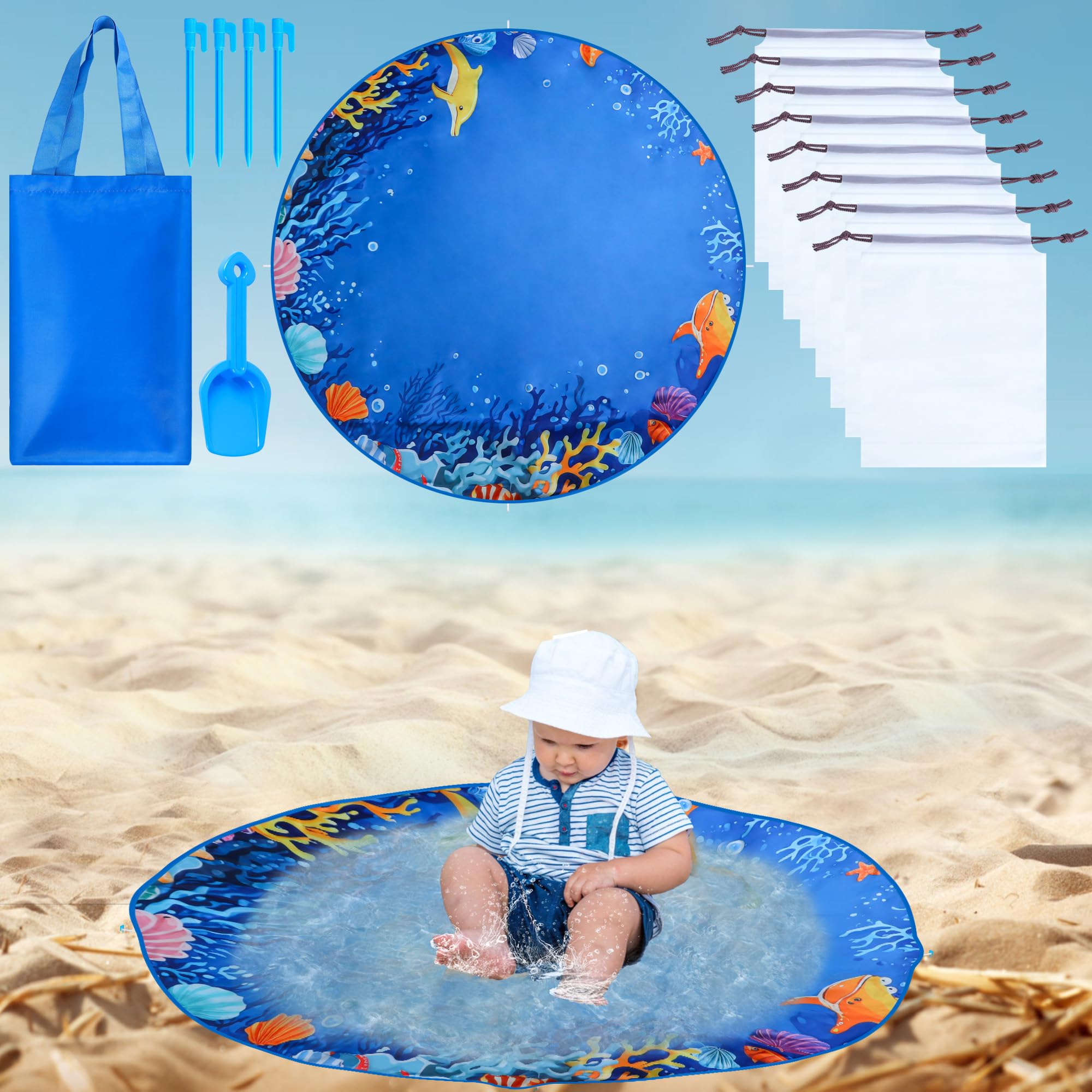 4.9 x 4.9 ft Baby Beach Pool, 2 in 1 Kiddie Pool and Beach Blanket Toddler Paddling Pool Flexible Kids Beach Pools with Waterproof Carrying Bag for Vacation Picnic