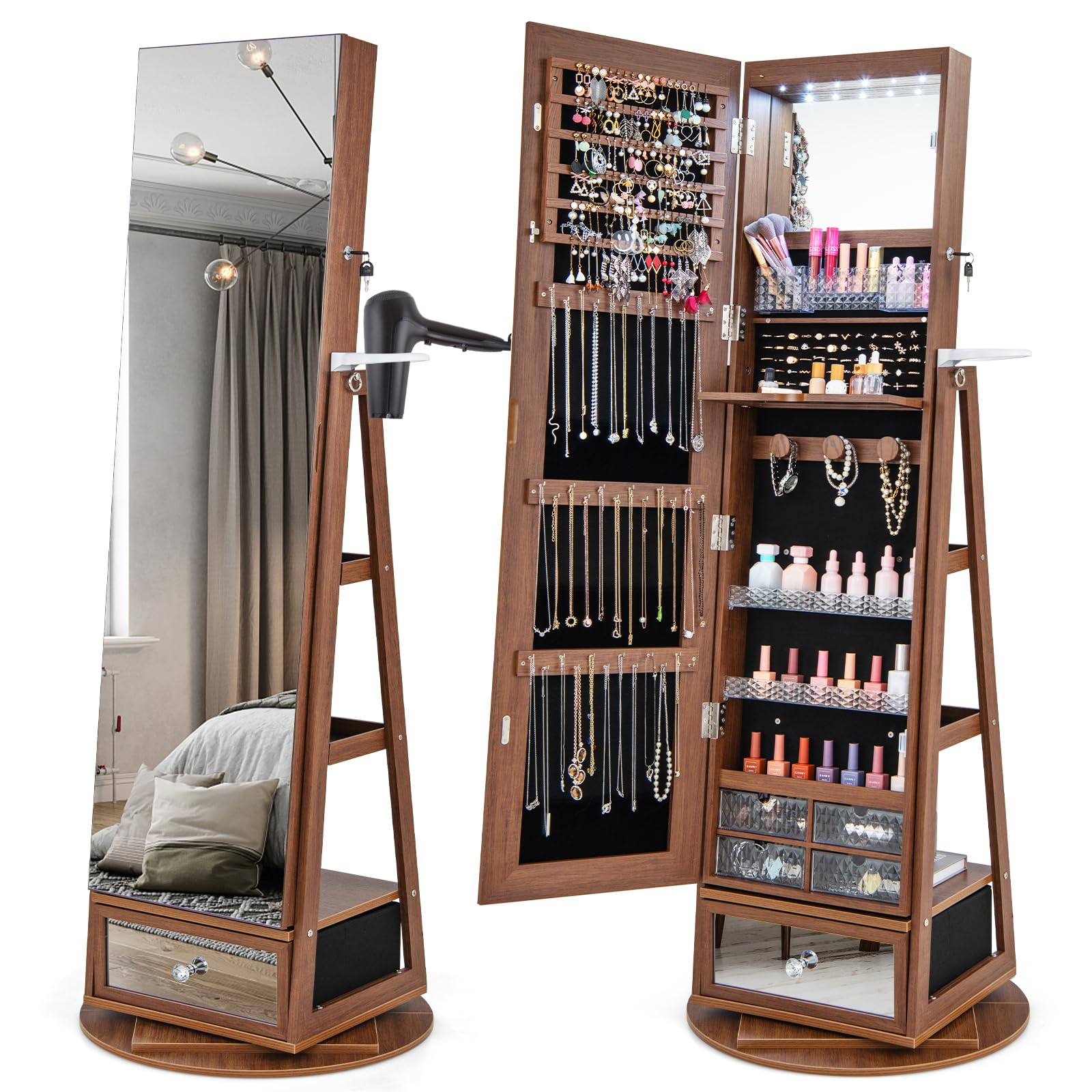 COSTWAY COSTWAY Armario para Joyas, Organizador de Joyas con Luces LED, Armario Joyero con Espejo Entero de Pie Giratorio de 360° Con Cerradura, Estante para Secador y Estantes Traseros (Marrón)