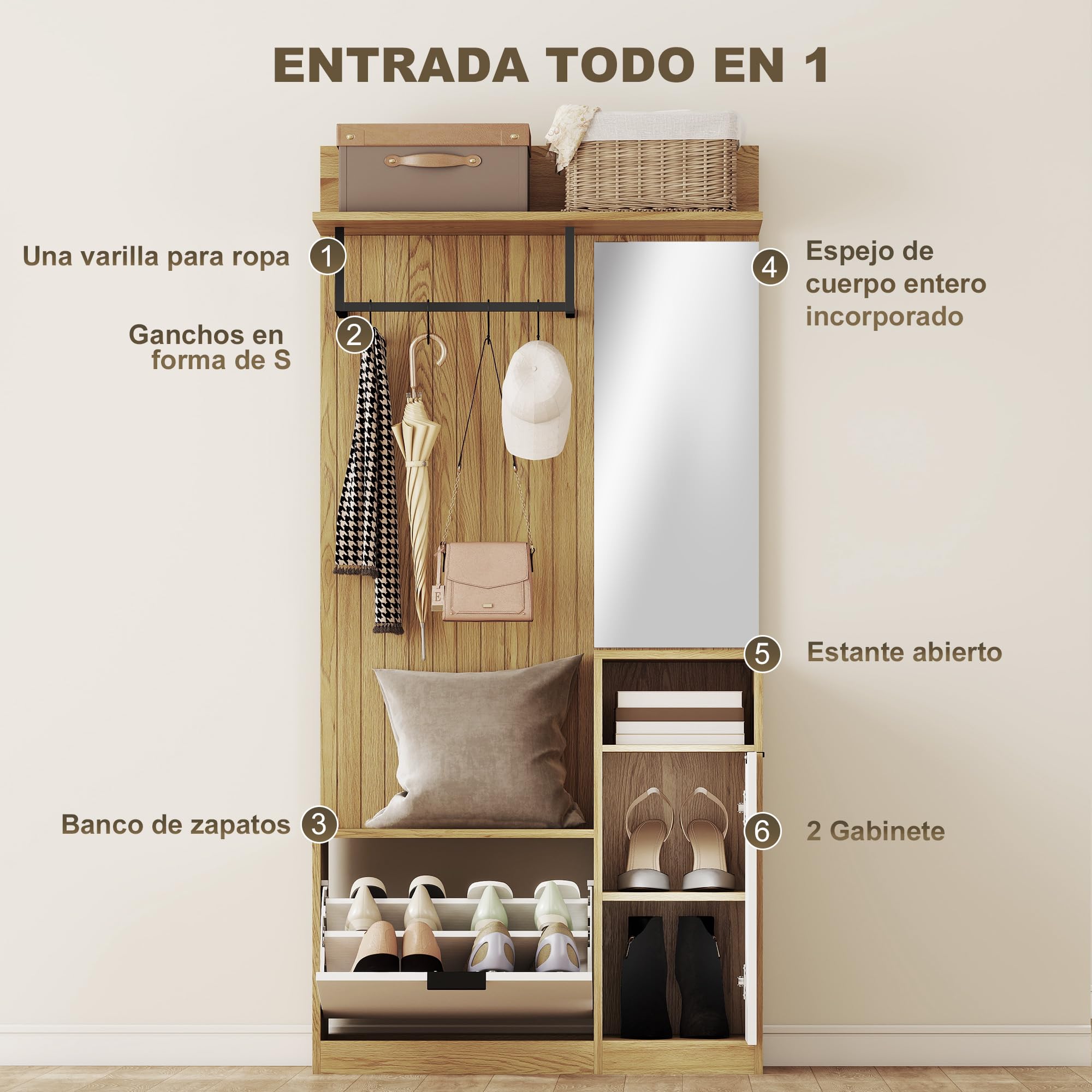HOMCOM Perchero Zapatero, Perchero Entrada Recibidor con Zapatero, Espejo, Armario, Estantes Abiertos y 4 Ganchos, Estilo Moderno, para Pasillo Dormitorio, 80x36x168 cm, Roble