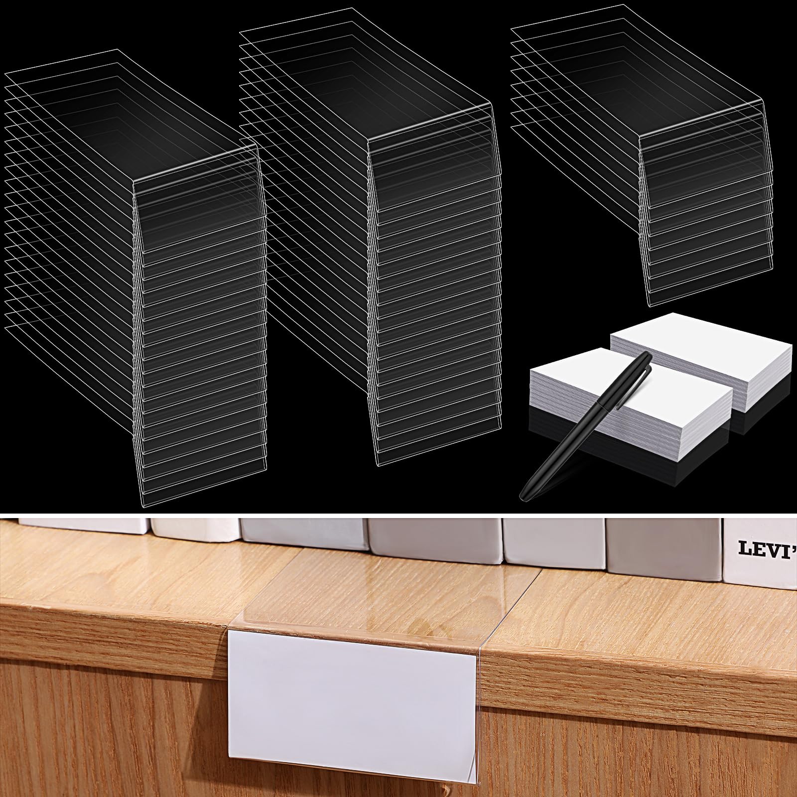 Containlol 60 Pcs Moveable Shelf Label Holders Clear Shelves Tags Shelf Labels for Library with 60 Pcs Label Insert Cards Plastic Library Shelf Dividers Display Shelf Markers (6.5 x 3 x 1.57 Inch)