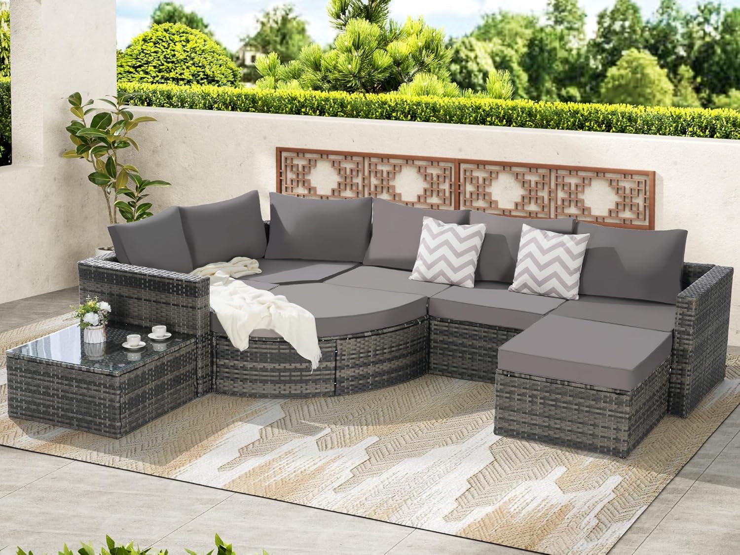 KEIKI 8Pcs Outdoor Patio Sleeper Sofa Day Bed Conversation Furniture Sets, Wicker Woven Sectional Couch Seating with Chaise Lounge Ottoman, Glass Top Coffee Table, Pillow & Cushion for Backyard Lawn