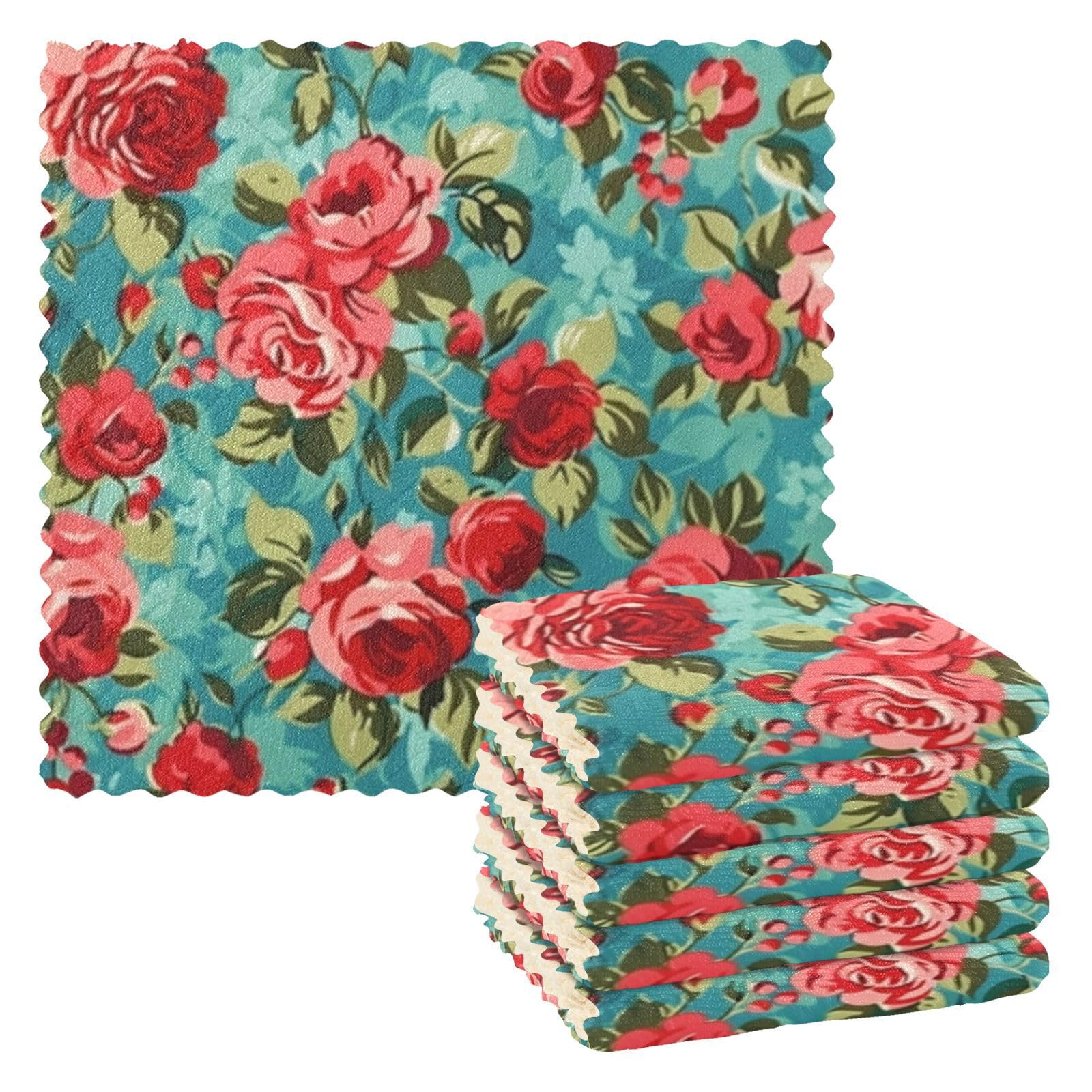 Kcldeci Red Green Rose 6 Pack Dish Cloths for Washing Dishes Kitchen Dishcloth Microfiber Dish Towel Rags Absorbent Reusable Cleaning Drainer