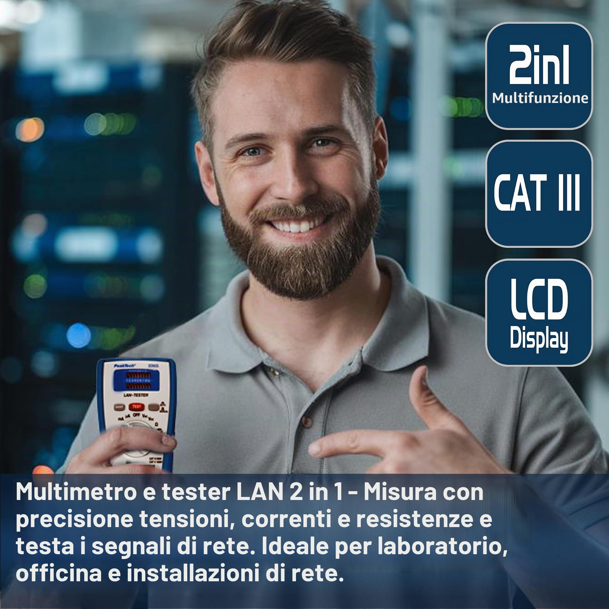 Peaktech 3365 – Multimetro Digitale Rms con Tester Lan, Tester di Rete, Tester di Tensione, Multimetro Portatile, Tester per Cavi, Voltmetro, Tester di Continuità, Cavo di Terra - 600 V