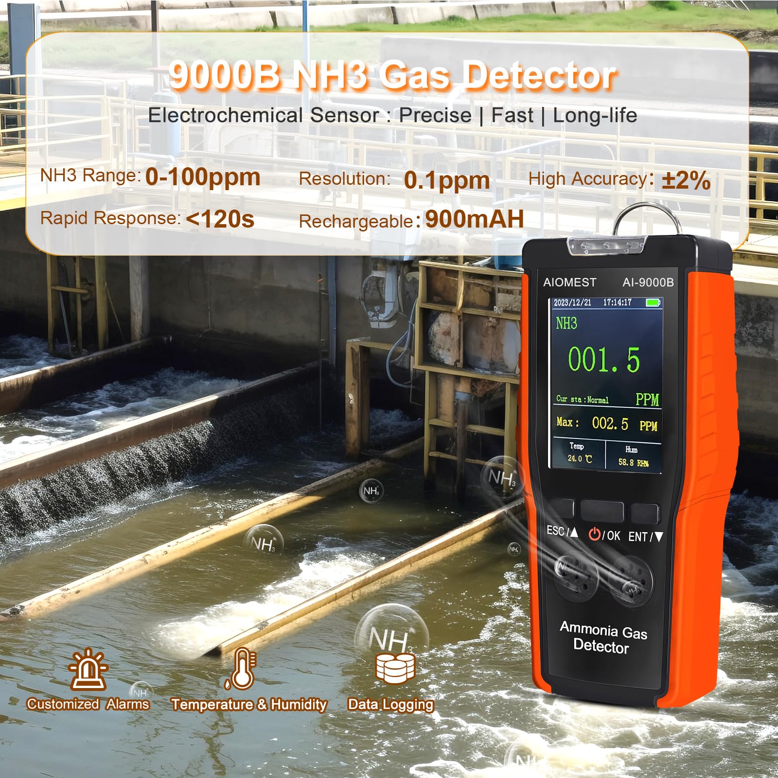 Tragbarer Ammoniak NH3 Gas Detektor - AIOMEST Digitaler Amoniak Messgerät Detect NH3 Air 100PPM Gaswarner, 0.1PPM Präzision, Data Logging, NH3 Sensor​​ AI-9000B für Kühlraum Landwirtschaft Tierstall