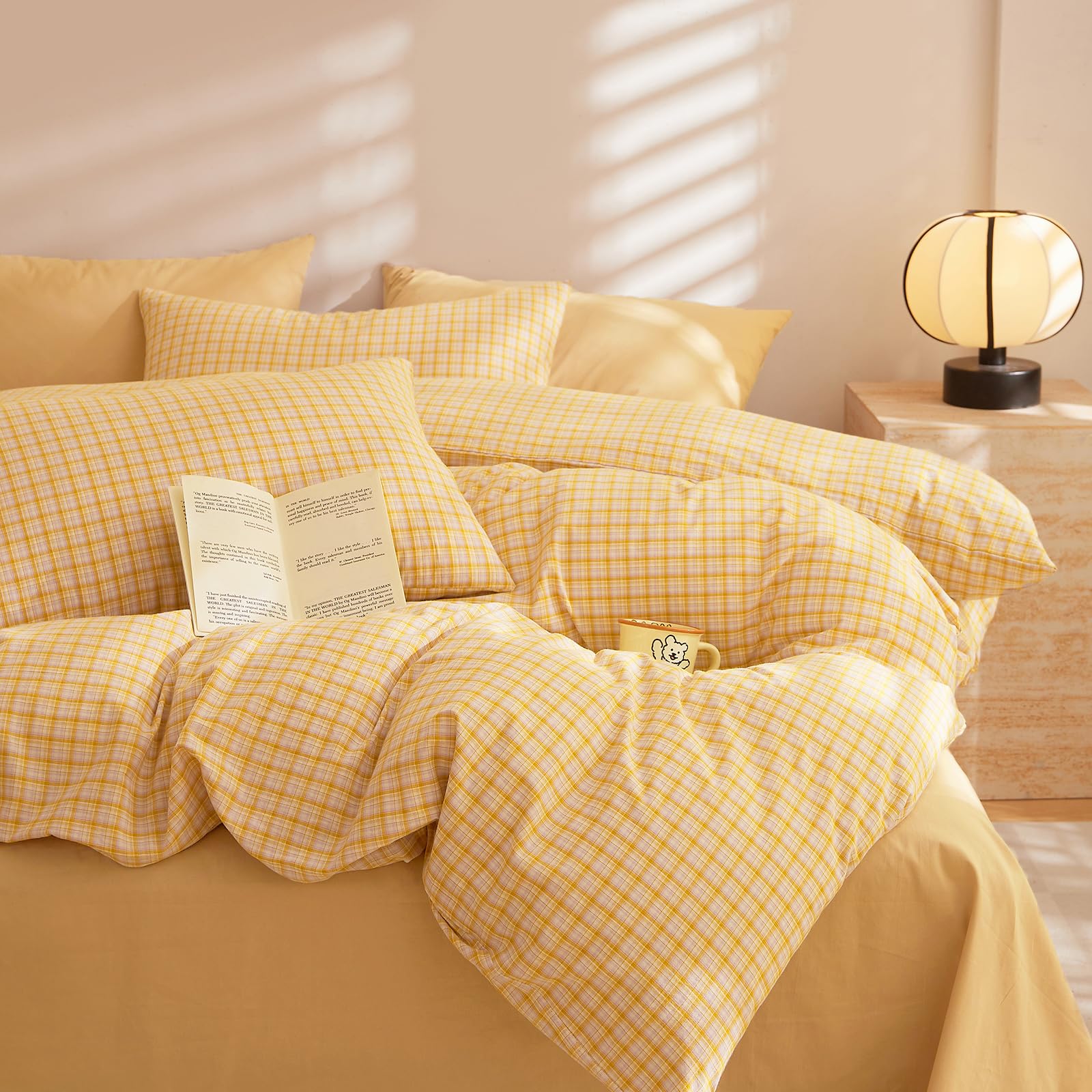 EAVD Plaid Duvet Cover Set Queen Yellow 100% Washed Cotton Bedding Set