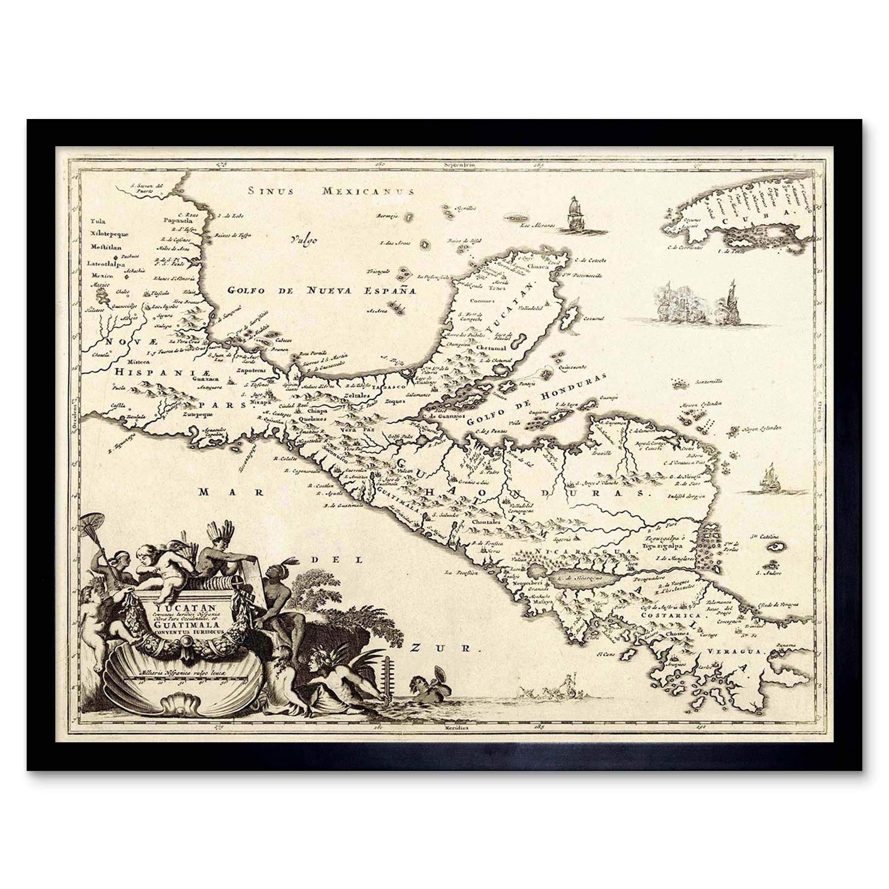 Wee Blue Coo Map Antique Central America Montanus Yucatan Art Print Framed Poster Wall Decor 12X16 Inch