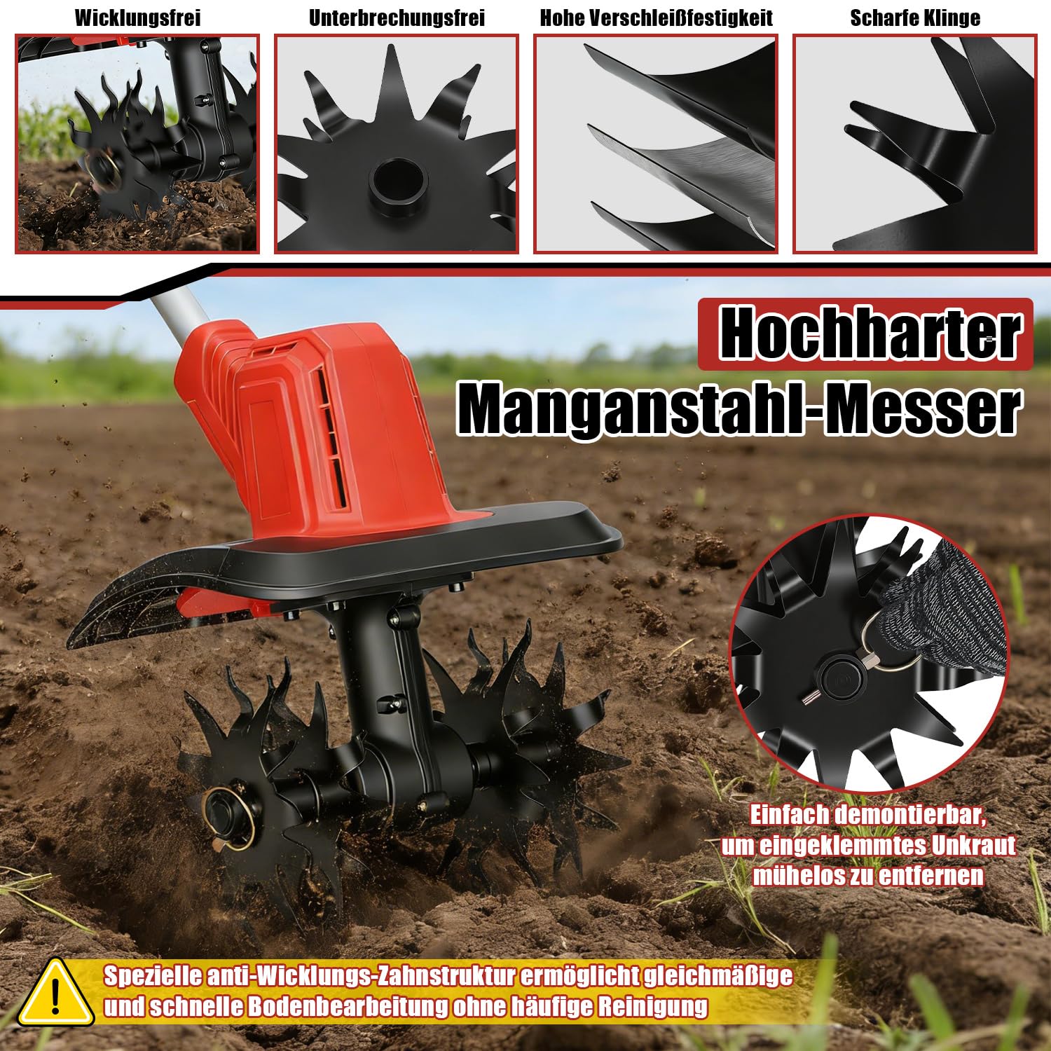 Fresa de jardín con batería de 21 V con 2 baterías de 3000 mAh, azada de 400 W, 20 cm de ancho de trabajo de 15 cm de profundidad de trabajo, fresadora plegable con 4 cuchillos, mango de 130 – 145 cm