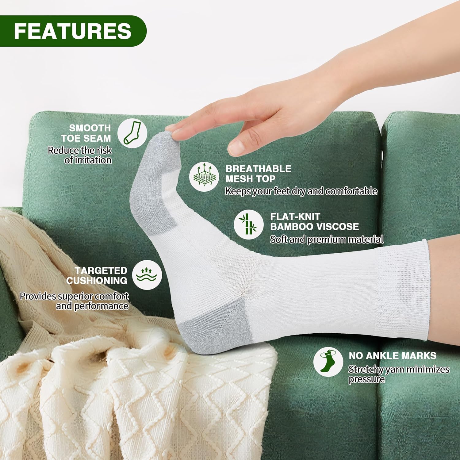 Diabetic Socks for Men,4 Pairs Crew Diabetic Neuropathy Socks for Men Size 9-11/10-13/13-15. - Image 2