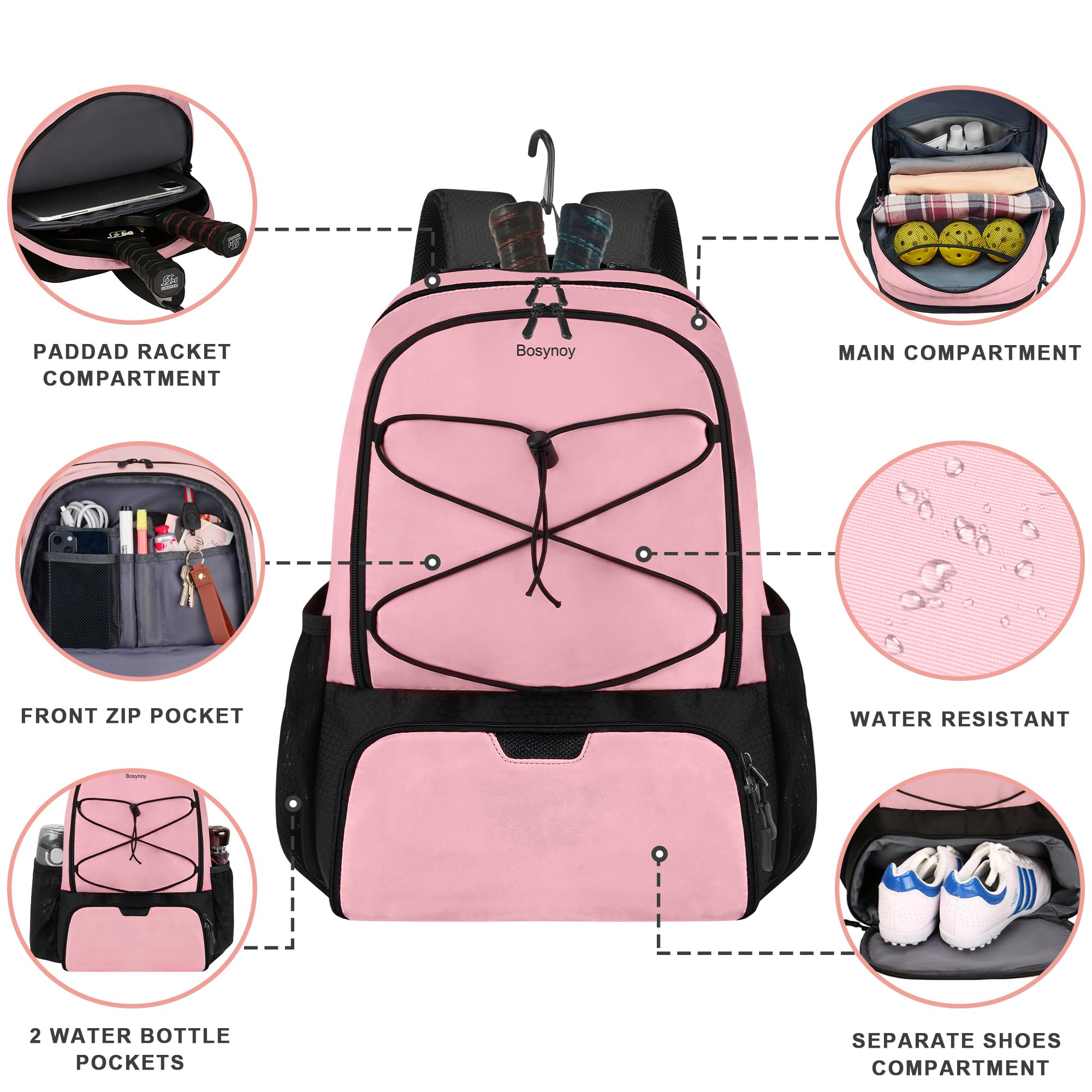 Pickleball Backpack Bag for Women, Large Storage Pickle Ball Bag with Shoe Compartment & Wet Pocket-Fence Hook, Pickleball Bag Holds 4 Paddles, Gifts for Pickleball Lovers, Fits for Outdoor Sport